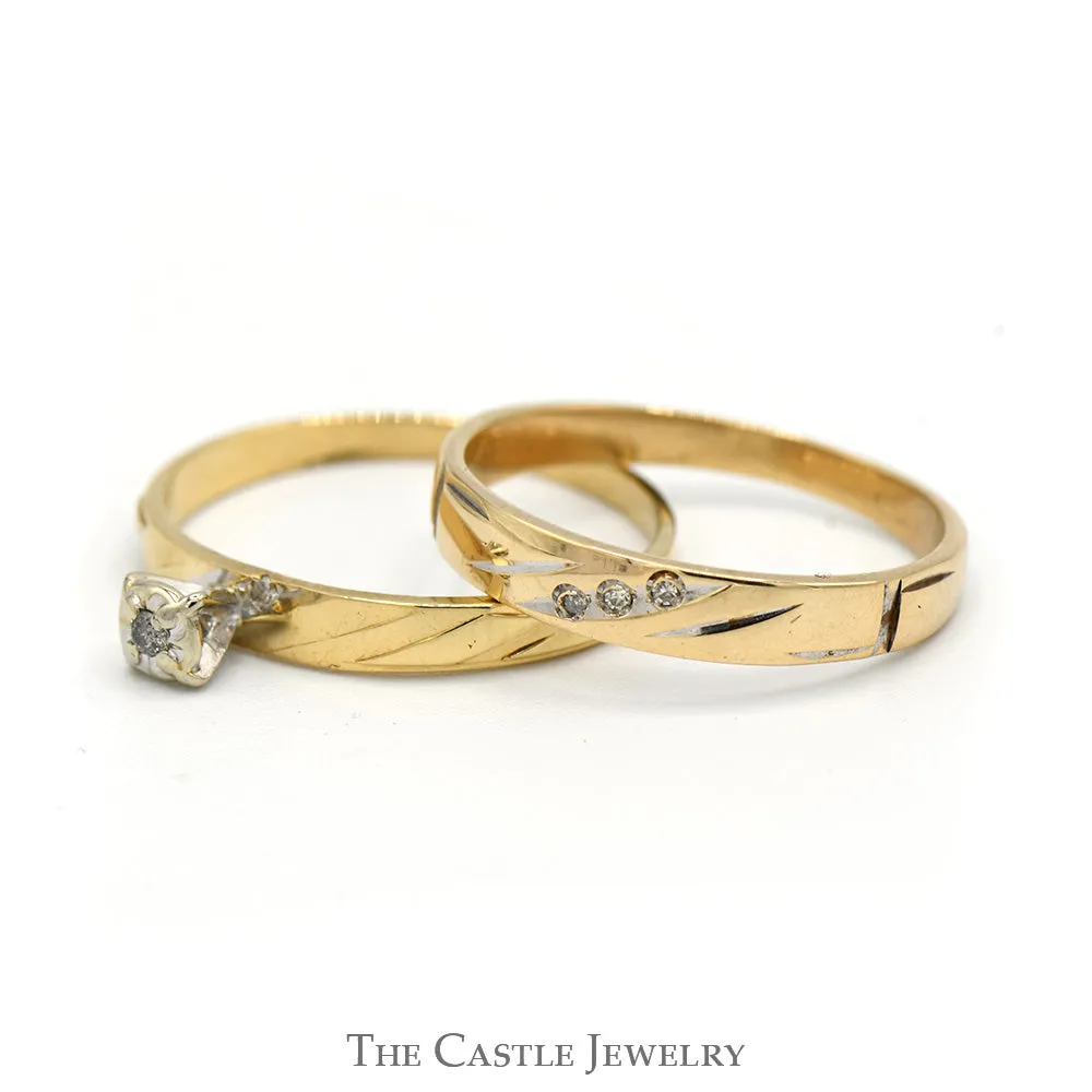 Diamond Engagement Ring with Matching Diamond Band in 10k Yellow Gold