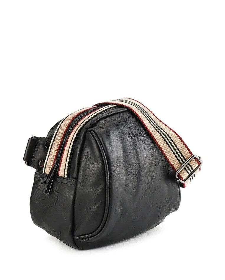 Distressed Leather Pouch Trim Crossbody Bag - Black