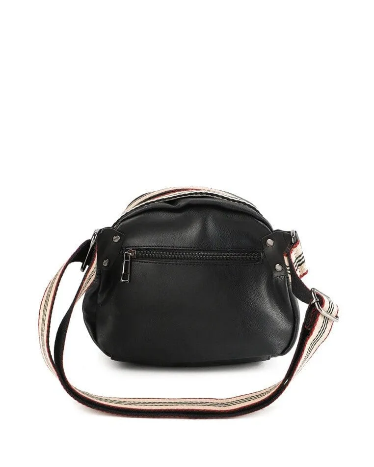 Distressed Leather Pouch Trim Crossbody Bag - Black