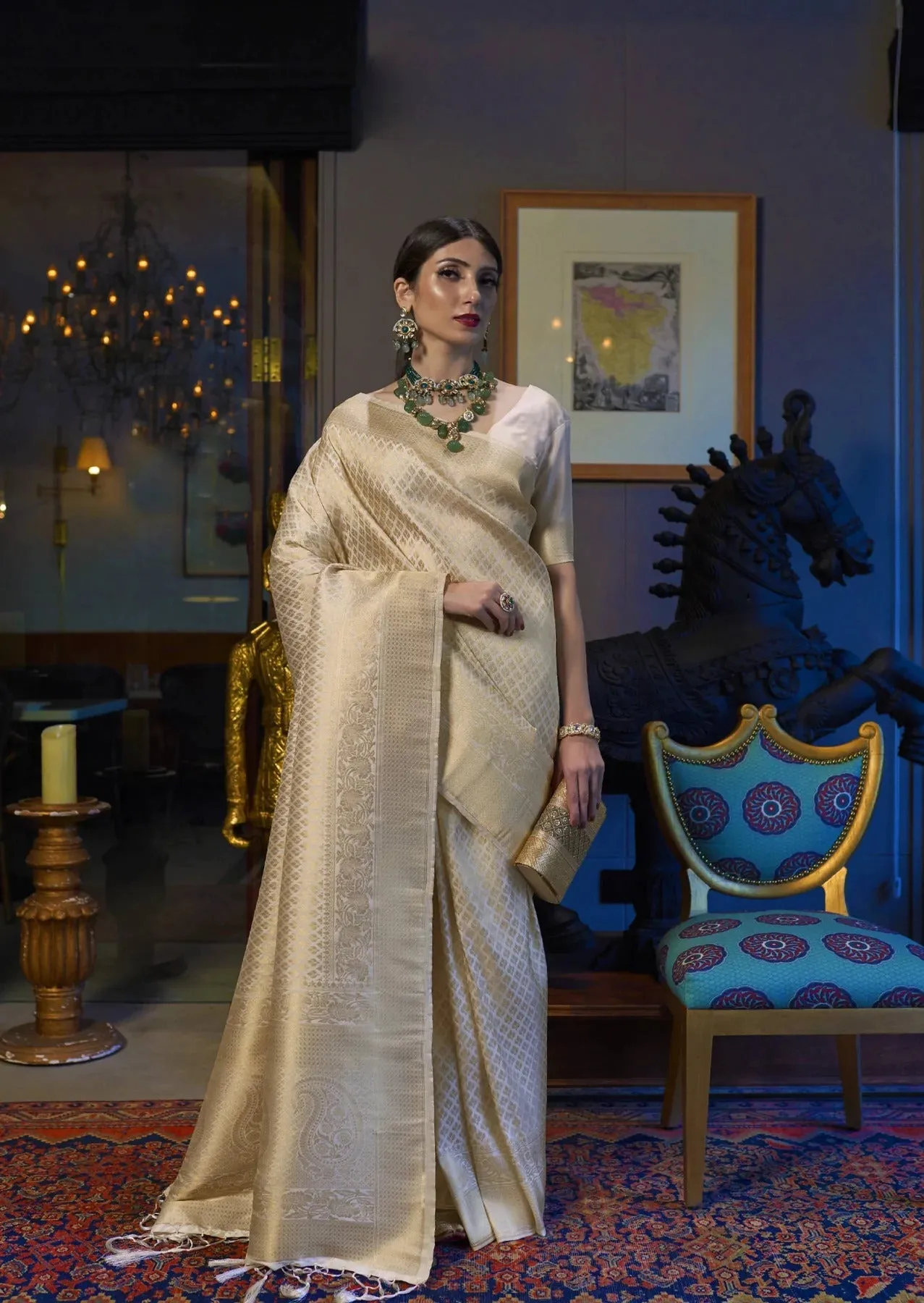 Efflorescence Beige Kanjivaram Silk Saree With Rhapsodic Blouse Piece