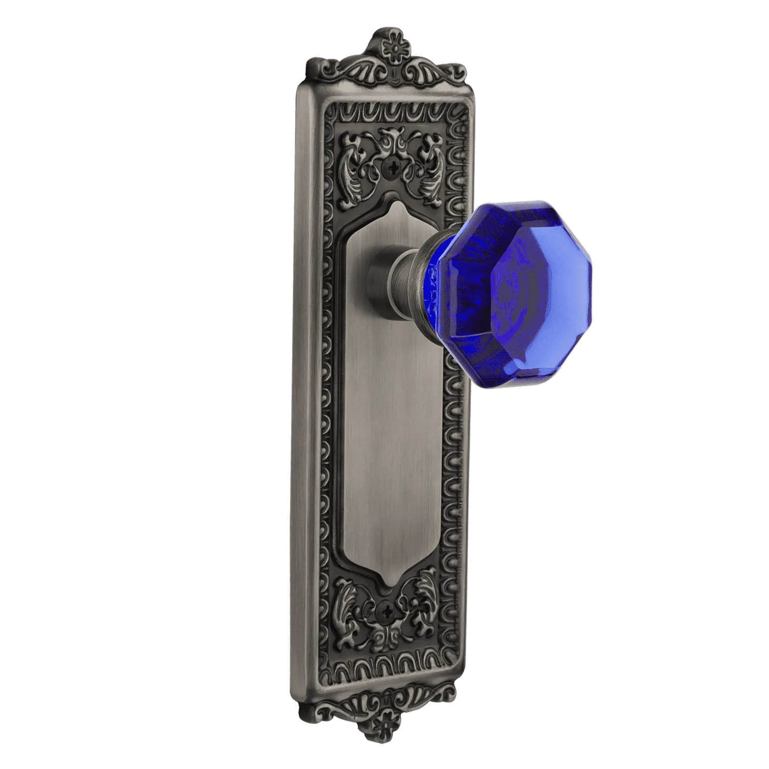 Egg & Dart Long Plate with Cobalt Waldorf Knob in Antique Pewter