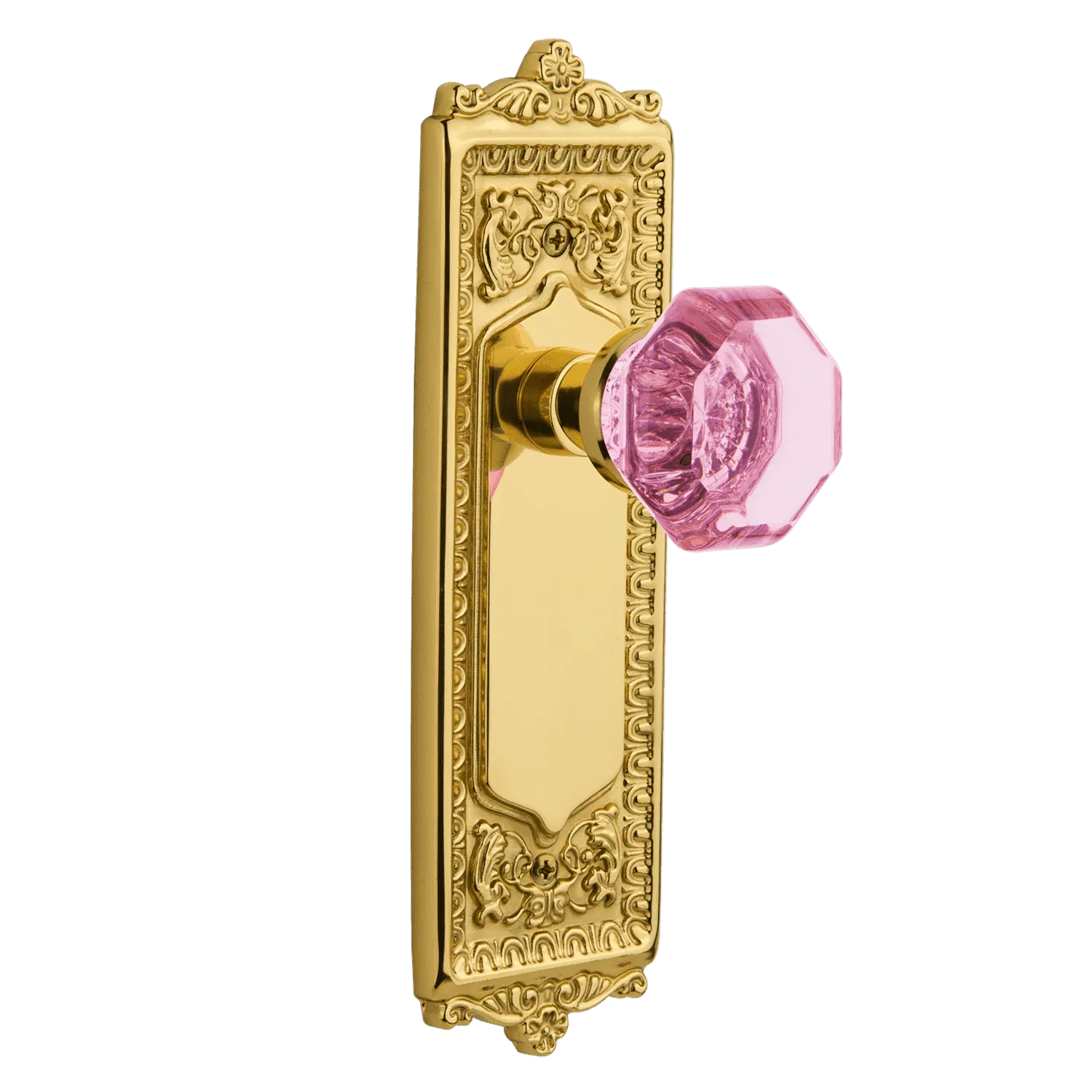 Egg & Dart Long Plate with Pink Waldorf Knob in Unlacquered Brass