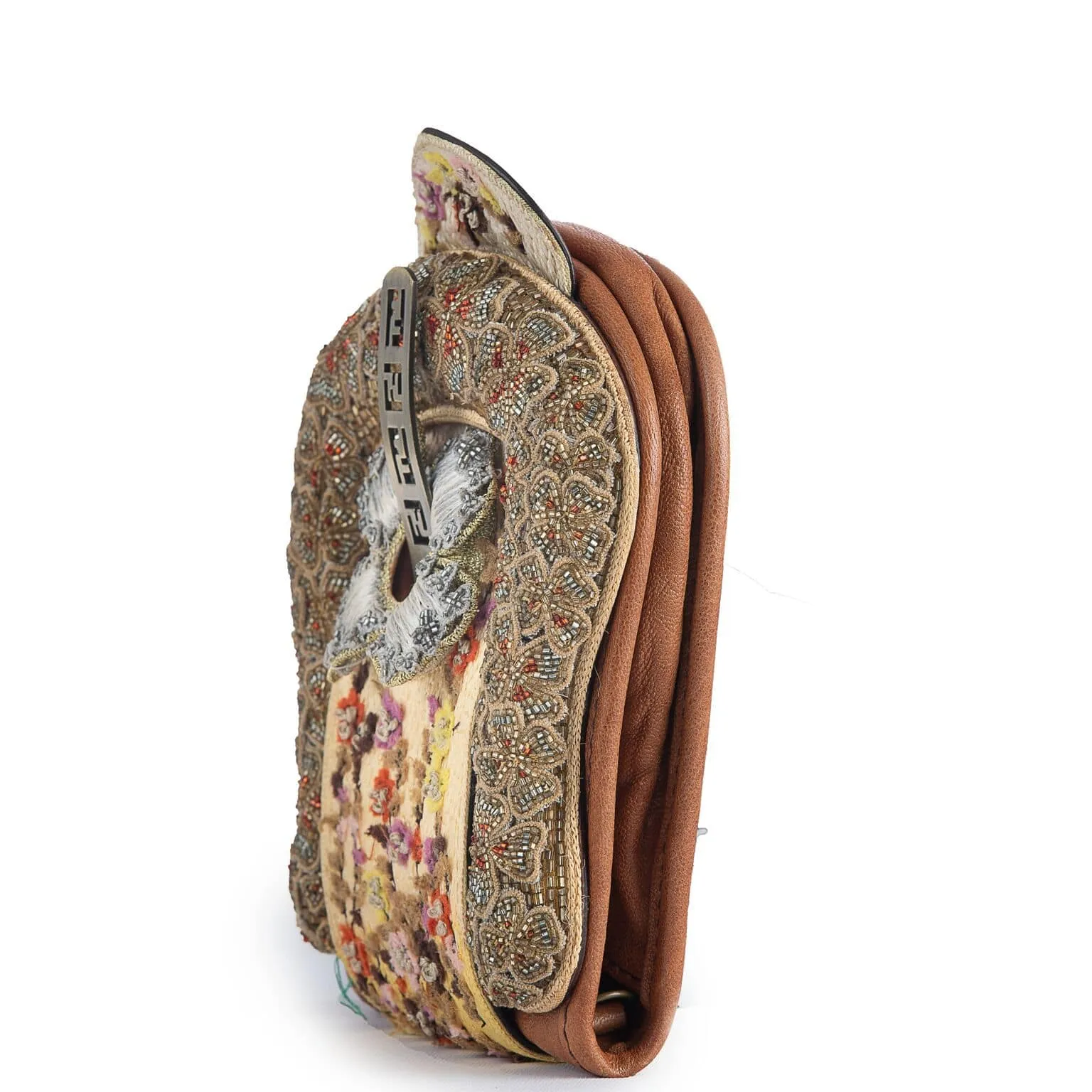 Fendi Embroidery Camel Clutch Leather