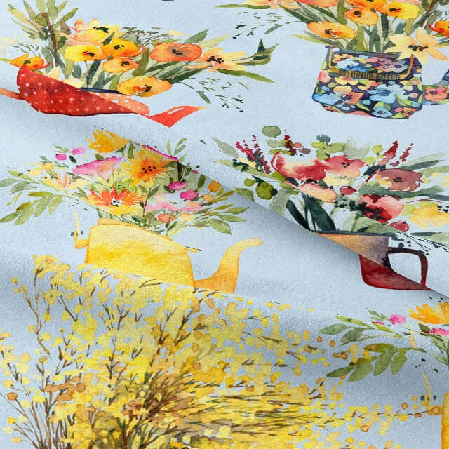 Flower Teapot Cotton Curtain Fabric - Blue