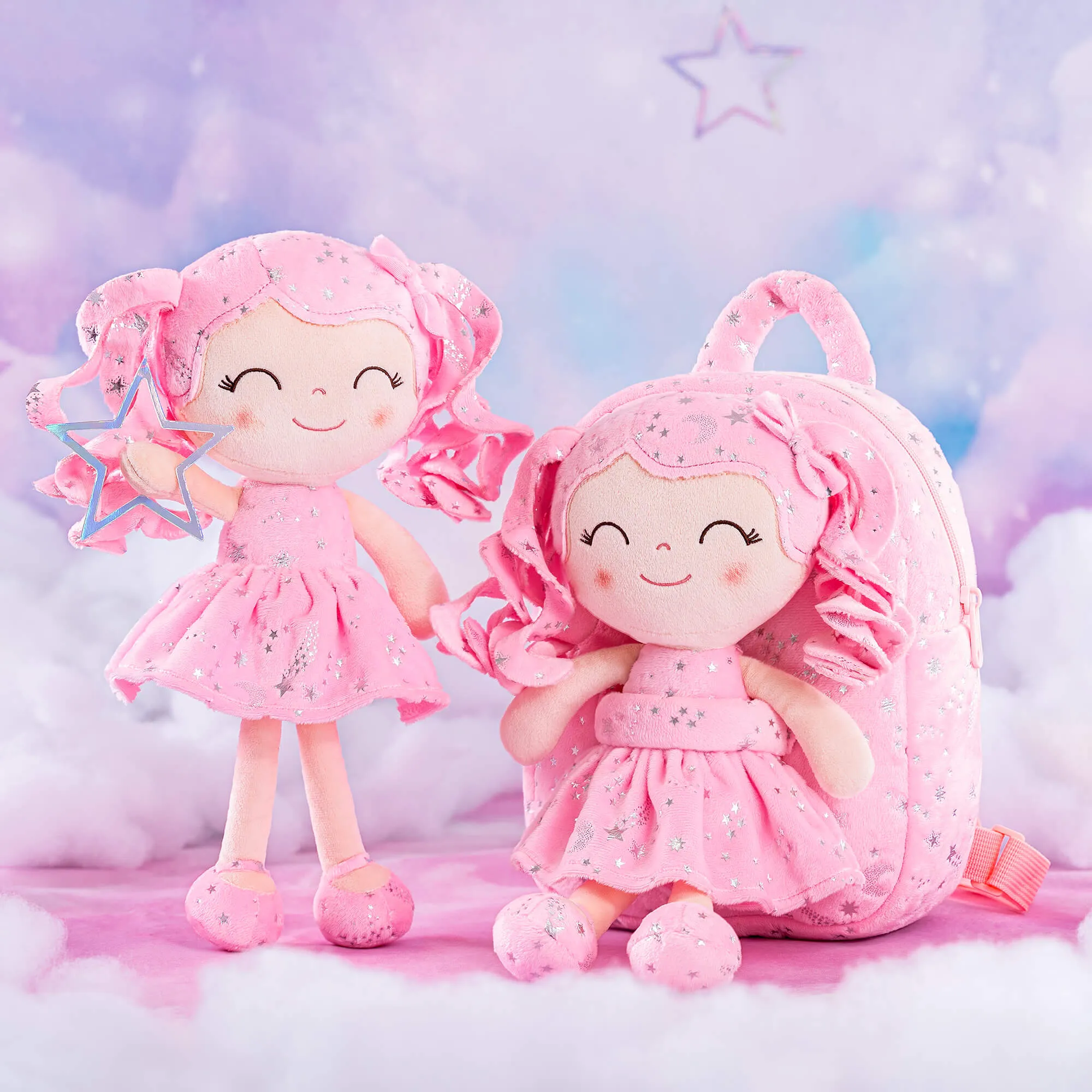 Gloveleya 9-inch Toddler Girl Backpack Plush Curly Hair Starry Dolls Backpacks Bronzing Pinky Stars