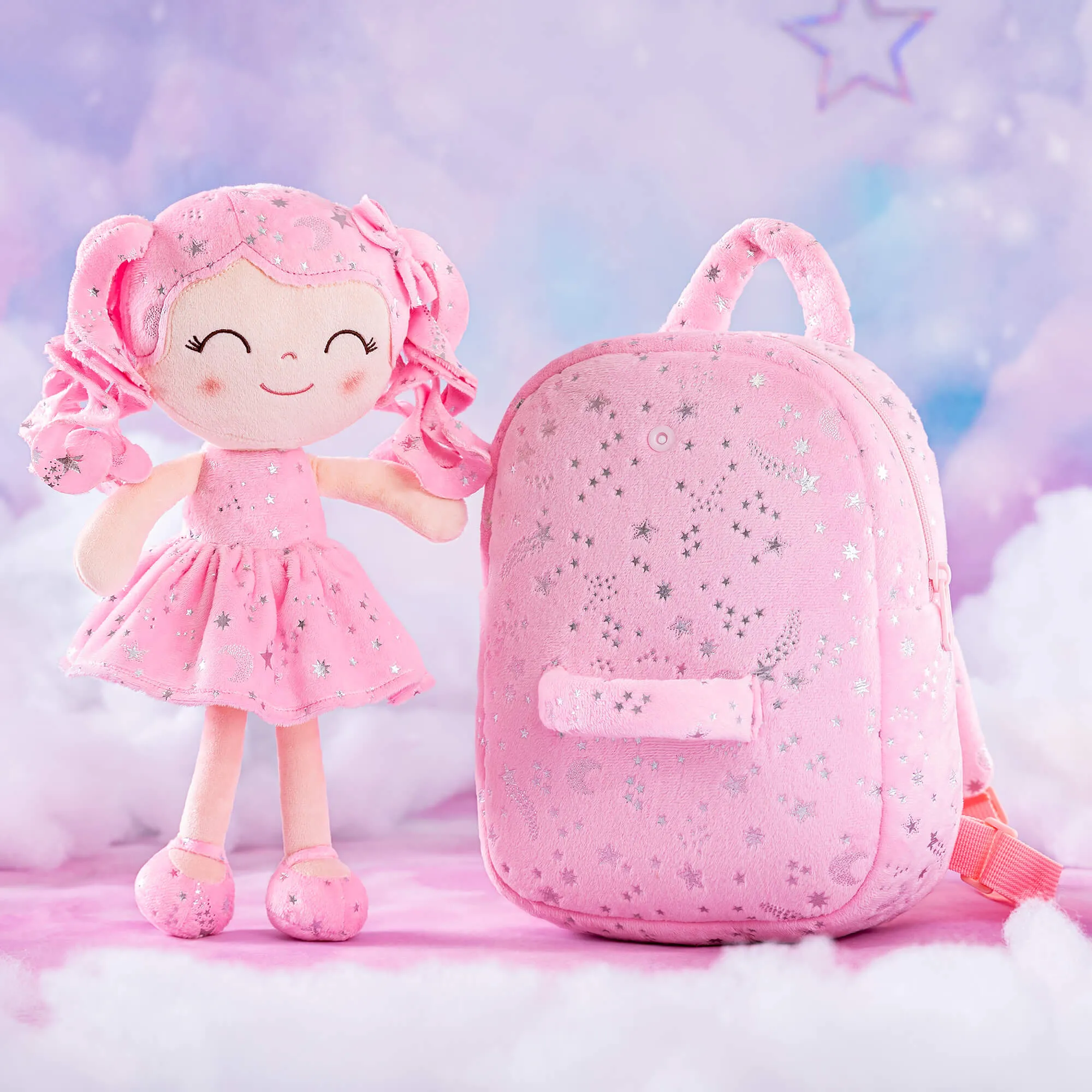 Gloveleya 9-inch Toddler Girl Backpack Plush Curly Hair Starry Dolls Backpacks Bronzing Pinky Stars