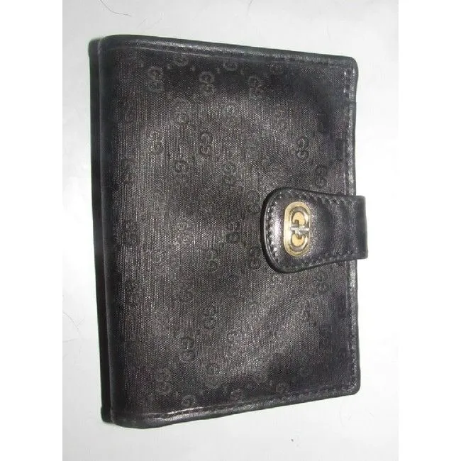 Gucci Black Small G Logo Print On Coated Canvas Black Leather Vintage Wallet
