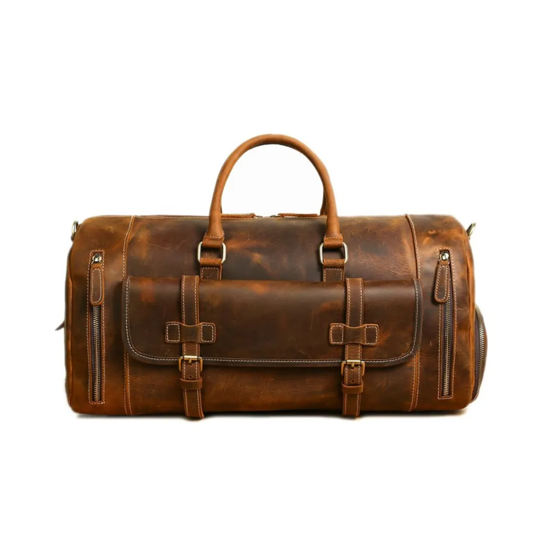 Handmade Vintage Brown Leather Travel Bag with Shoes Compartment