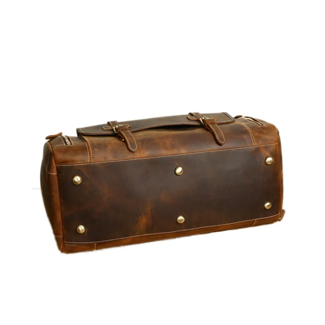 Handmade Vintage Brown Leather Travel Bag with Shoes Compartment
