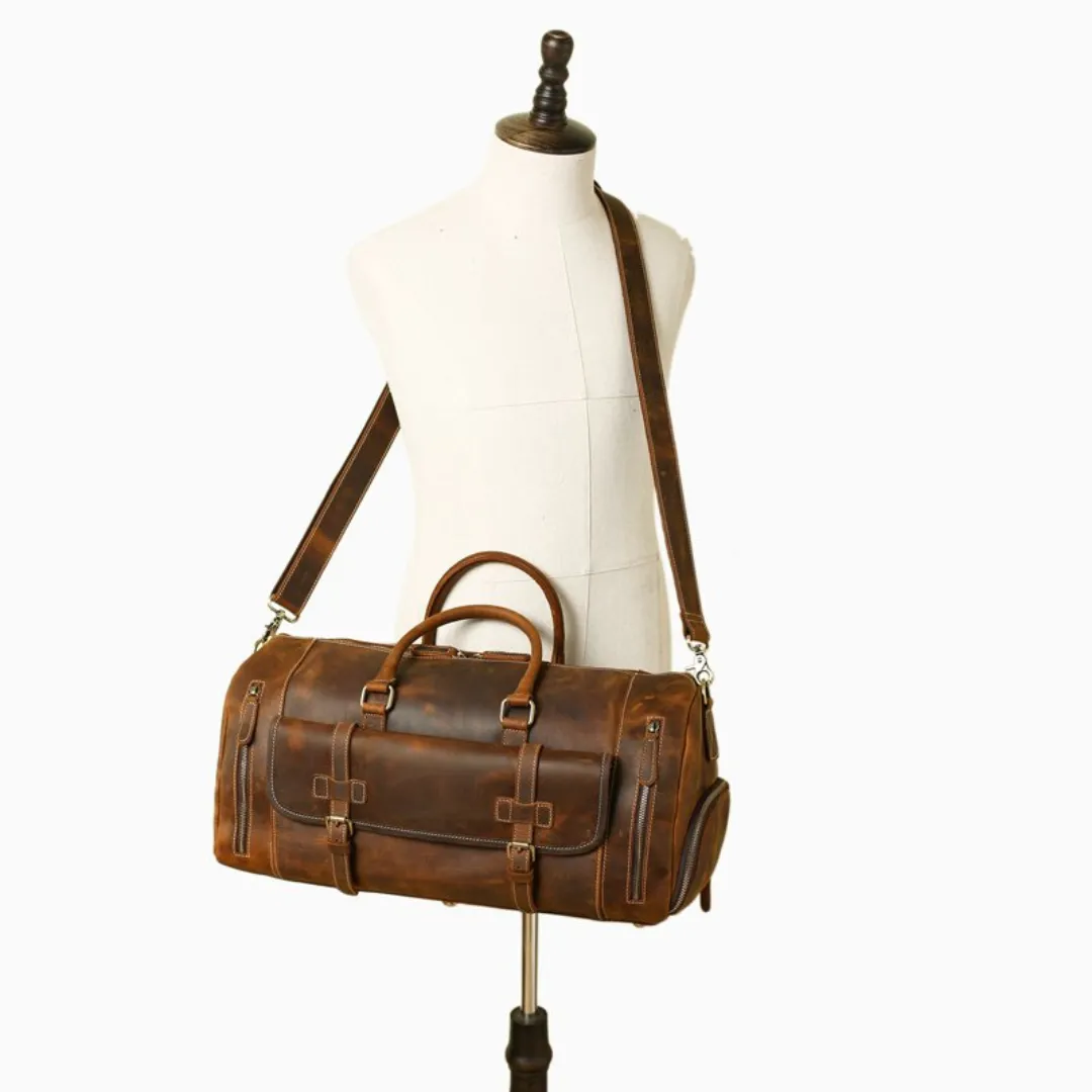 Handmade Vintage Brown Leather Travel Bag with Shoes Compartment