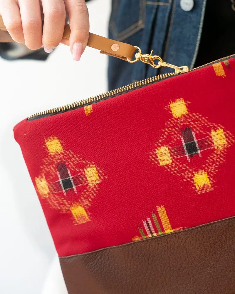 Kiriko Original Leather Clutch, Kasuri Style, Red