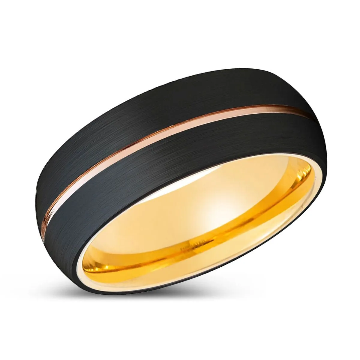 LUCENT | Gold Ring, Black Tungsten Ring, Rose Gold Groove, Domed