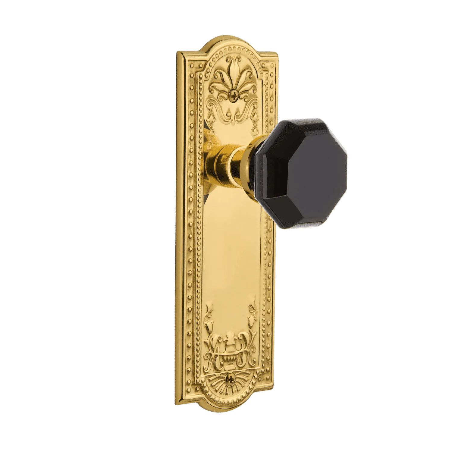Meadows Long Plate with Black Waldorf Knob in Unlacquered Brass