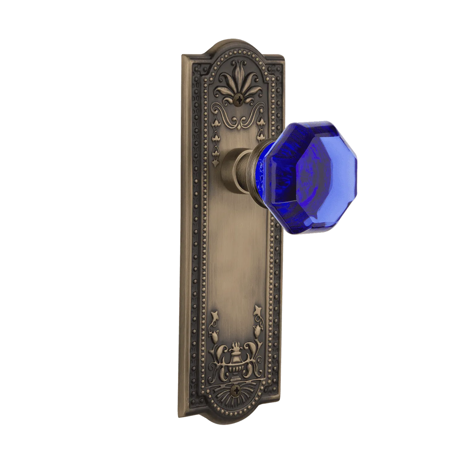 Meadows Long Plate with Cobalt Waldorf Knob in Antique Brass