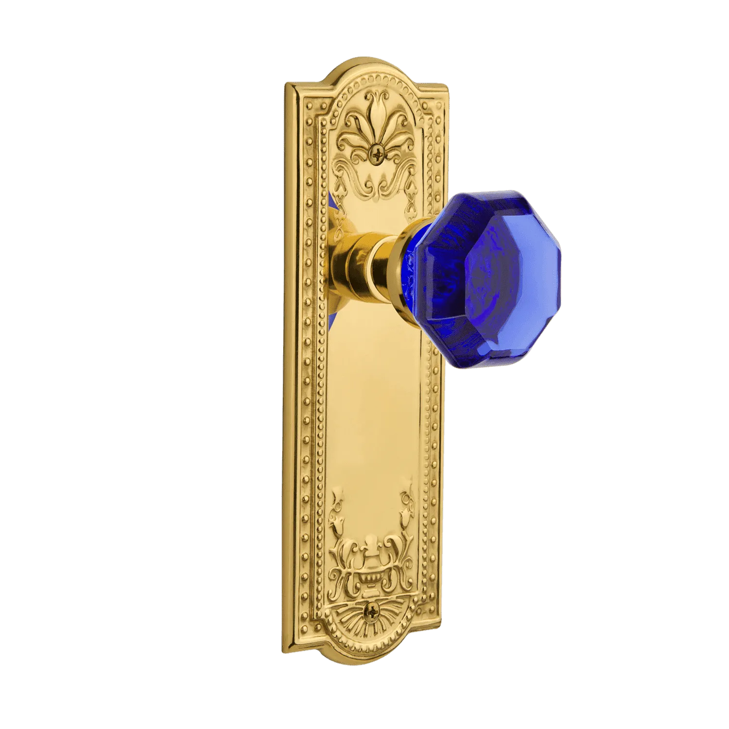 Meadows Long Plate with Cobalt Waldorf Knob in Unlacquered Brass