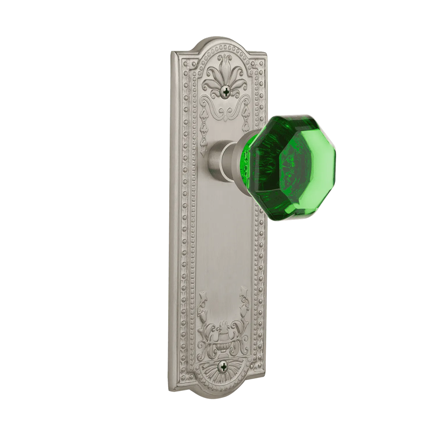 Meadows Long Plate with Emerald Waldorf Knob in Satin Nickel