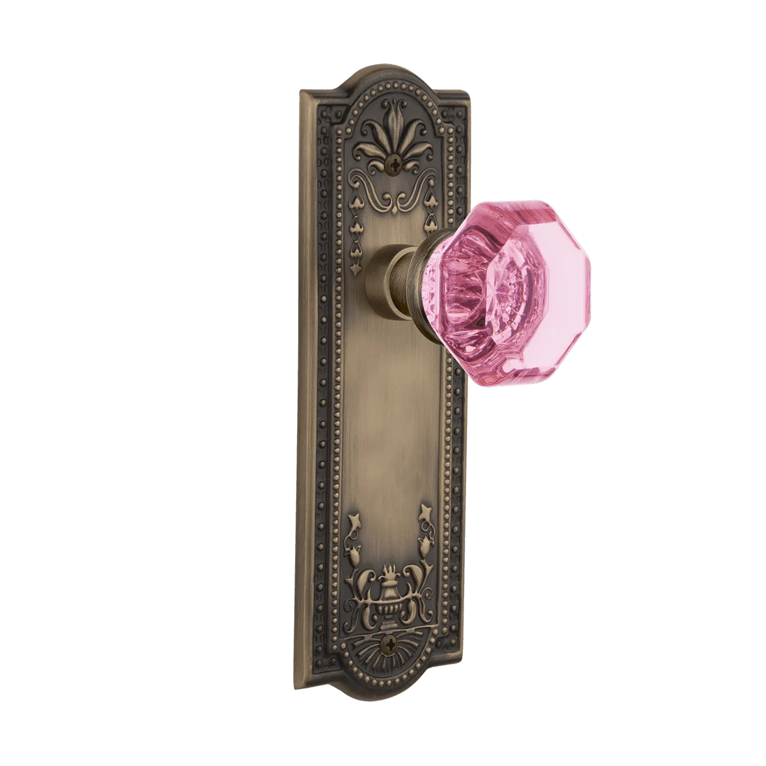 Meadows Long Plate with Pink Waldorf Knob in Antique Brass