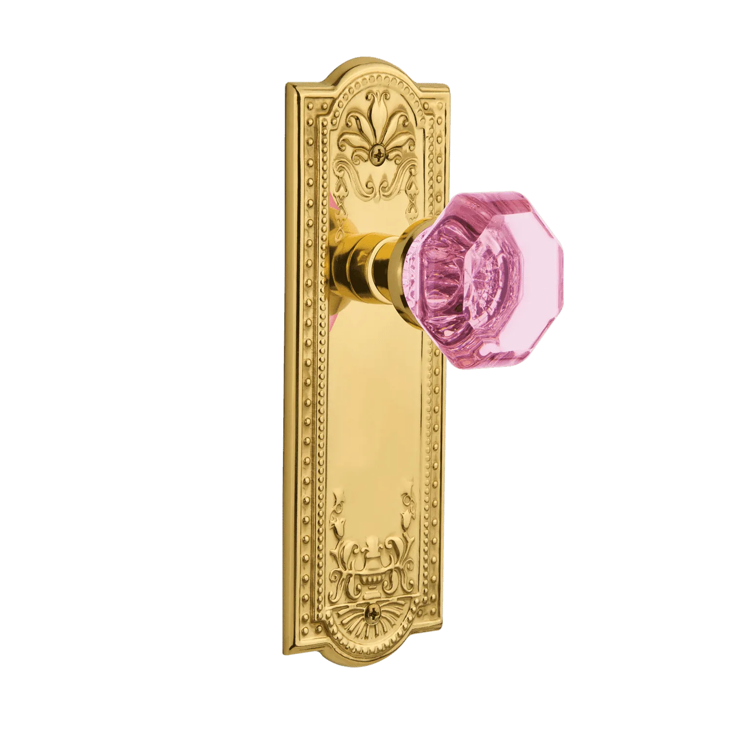 Meadows Long Plate with Pink Waldorf Knob in Unlacquered Brass