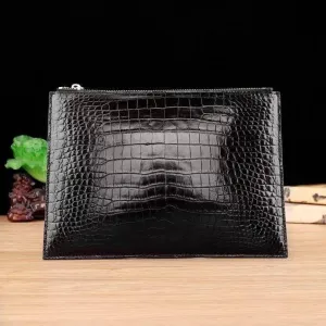 Mens Clutch Bags | Crocodile Skin Leather Zip Pouch Black