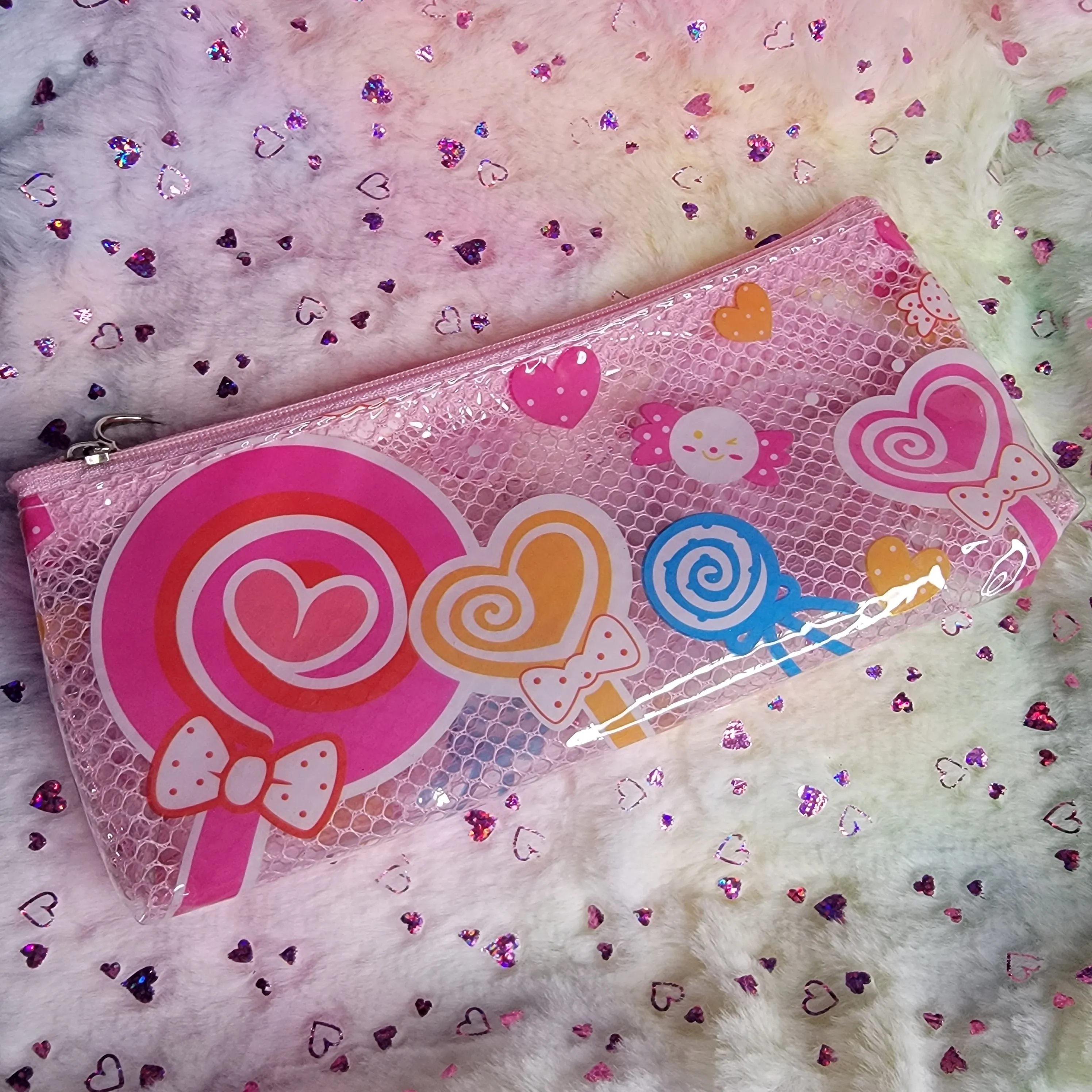 Mesh Vinyl Pencil Pouch, Kawaii Style