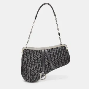 Metallic/Grey Lurex Fabric and Leather Vintage Saddle Frame Pochette