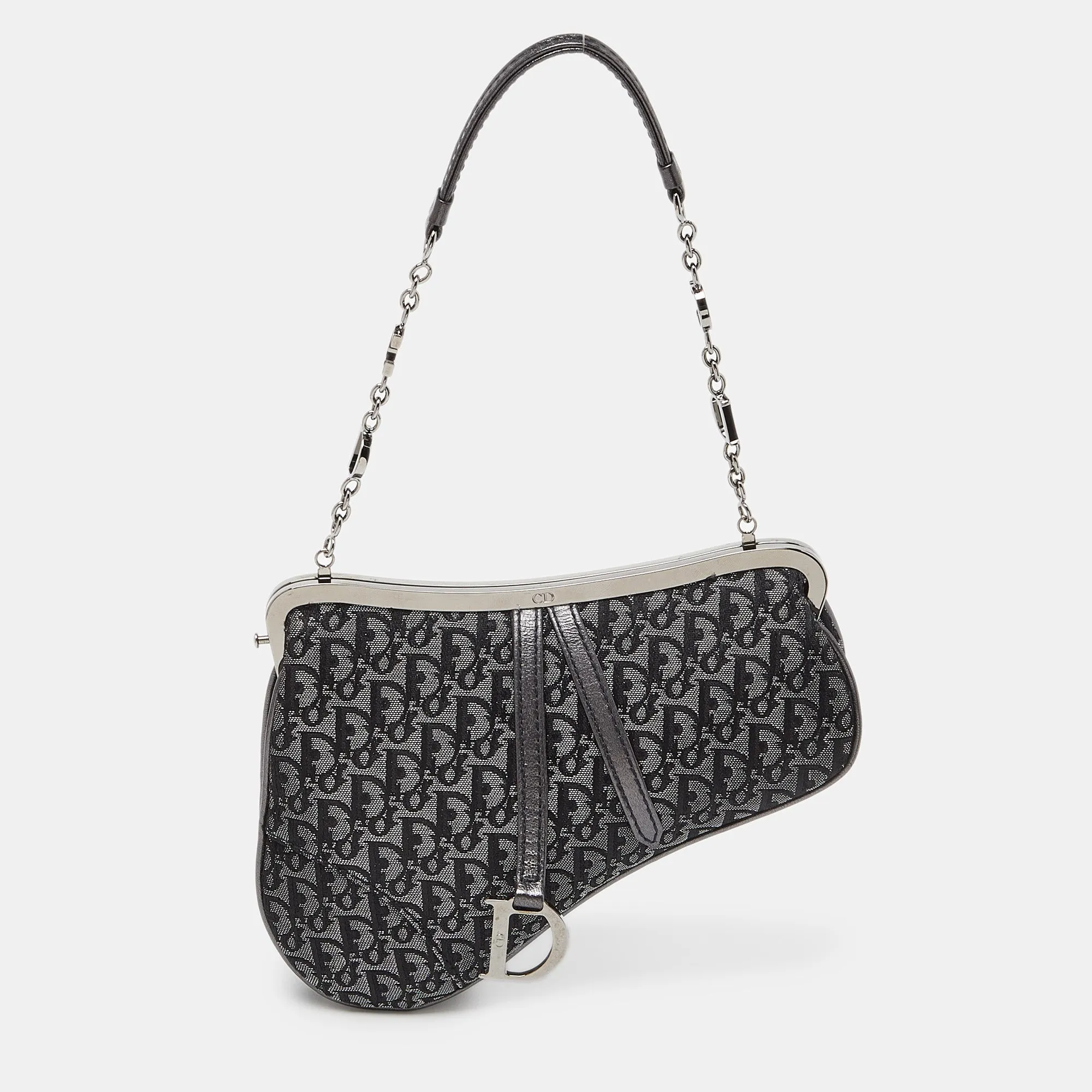 Metallic/Grey Lurex Fabric and Leather Vintage Saddle Frame Pochette