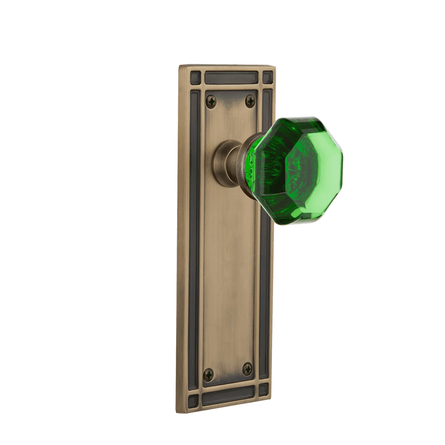 Mission Long Plate with Emerald Waldorf Knob in Antique Brass