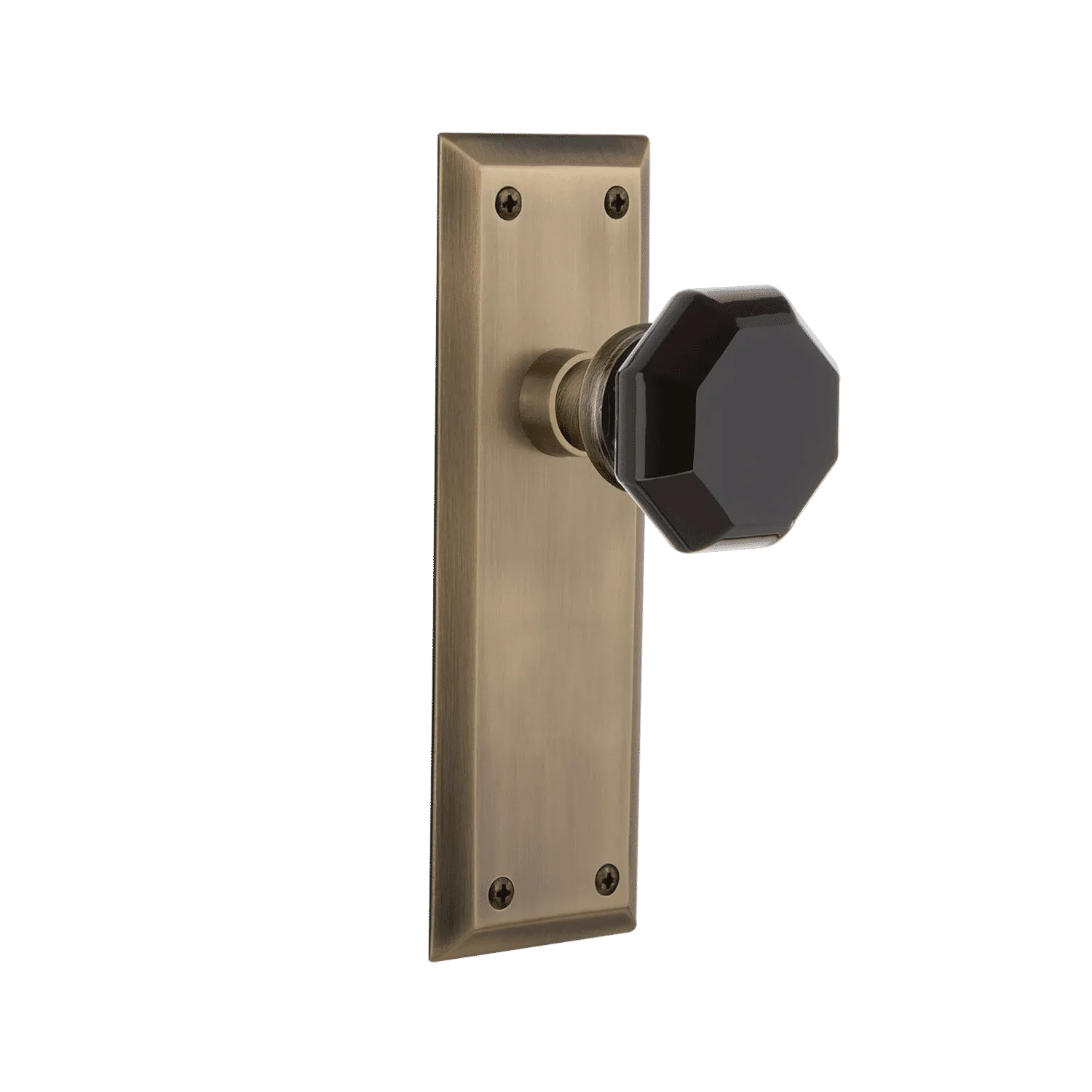 New York Long Plate with Black Waldorf Knob in Antique Brass