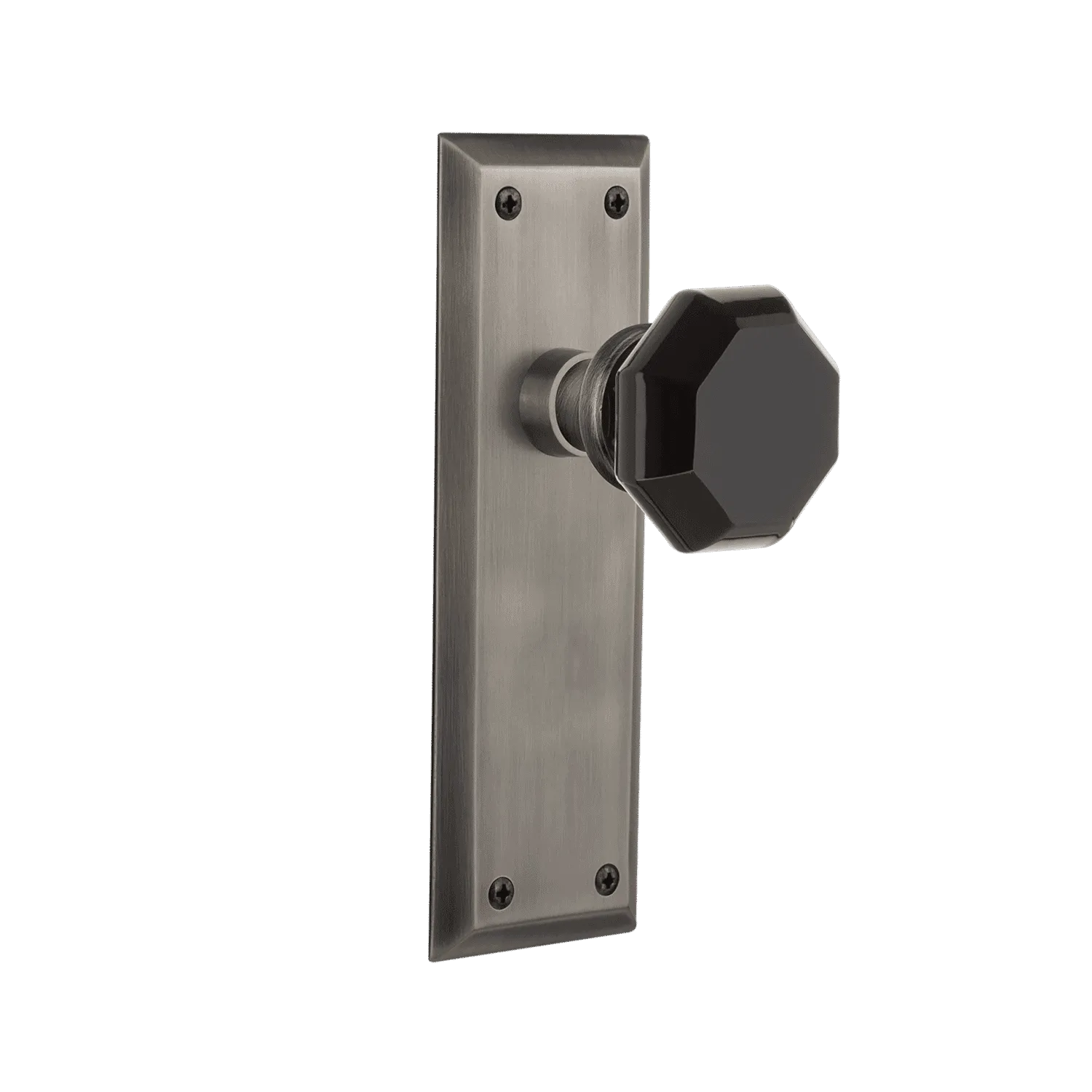 New York Long Plate with Black Waldorf Knob in Antique Pewter