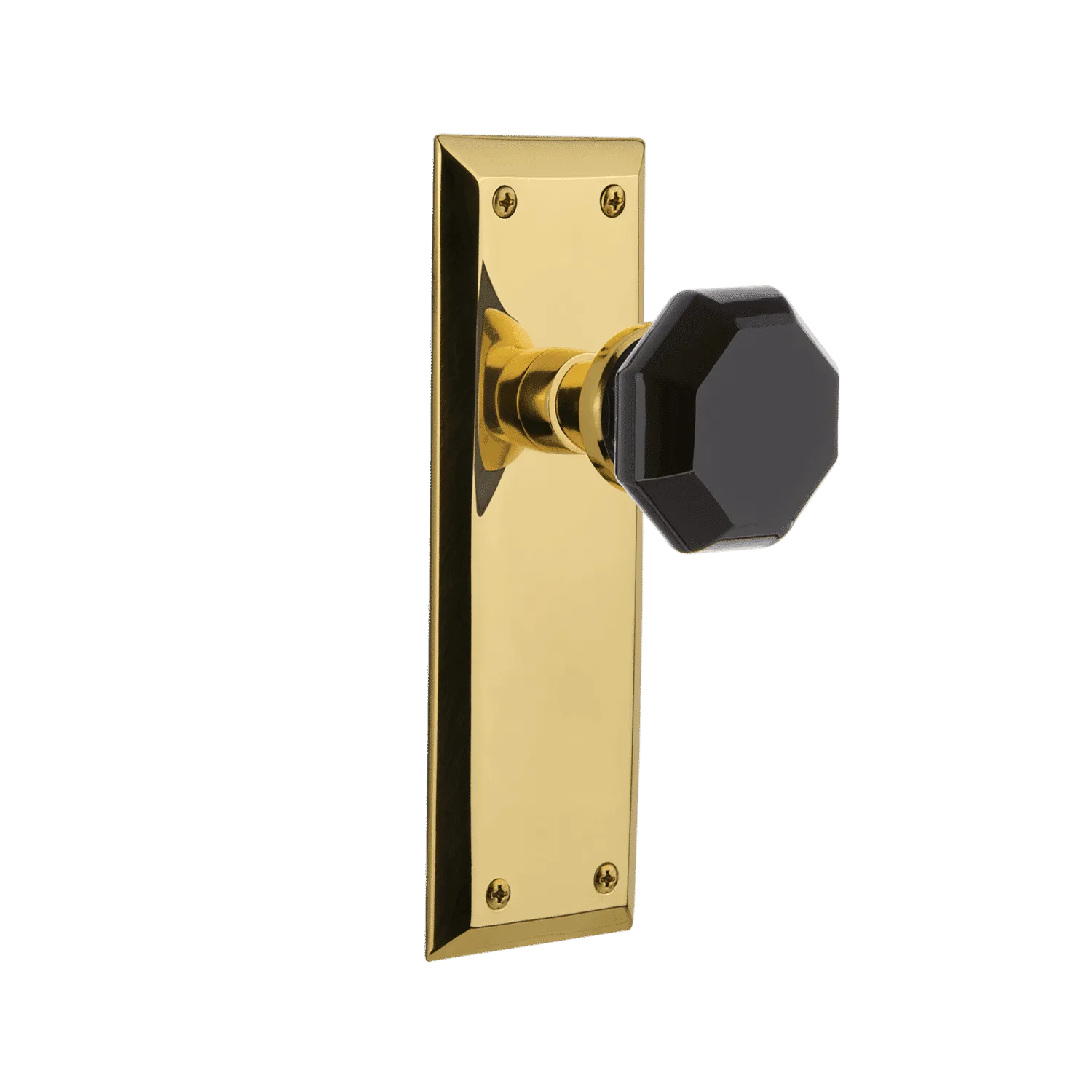 New York Long Plate with Black Waldorf Knob in Polished Brass