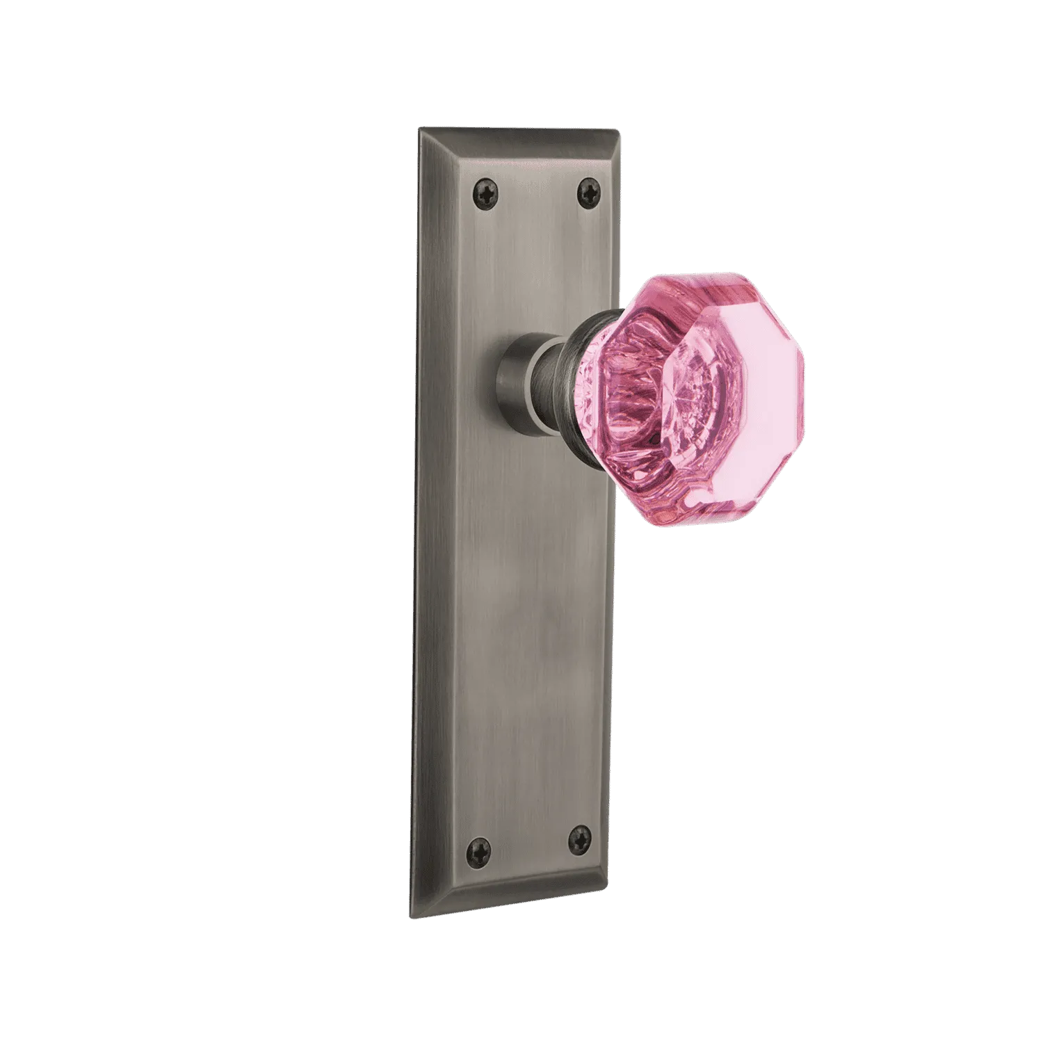 New York Long Plate with Pink Waldorf Knob in Antique Pewter