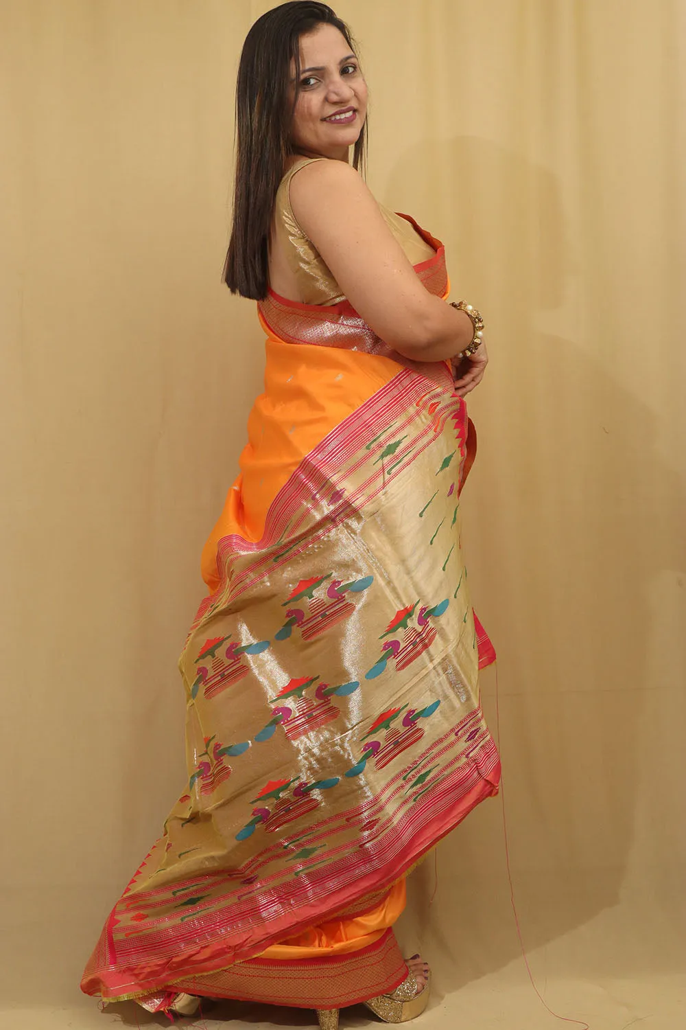 Orange Paithani Silk Peacock Design Saree - Stunning Elegance