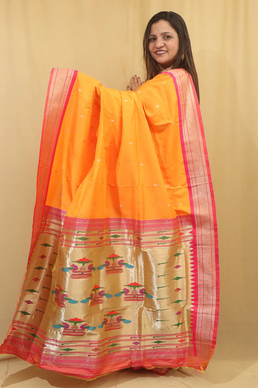 Orange Paithani Silk Peacock Design Saree - Stunning Elegance