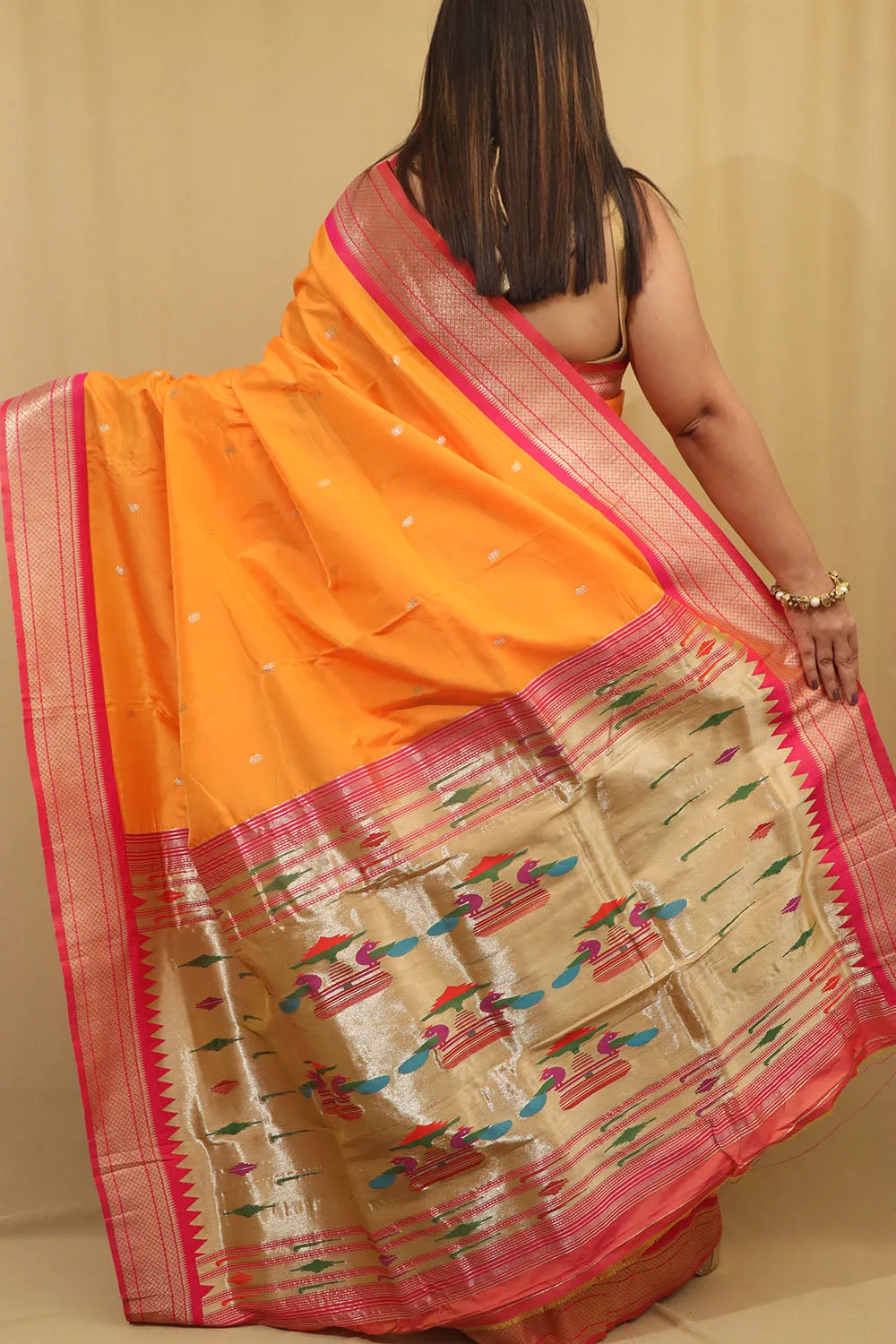 Orange Paithani Silk Peacock Design Saree - Stunning Elegance