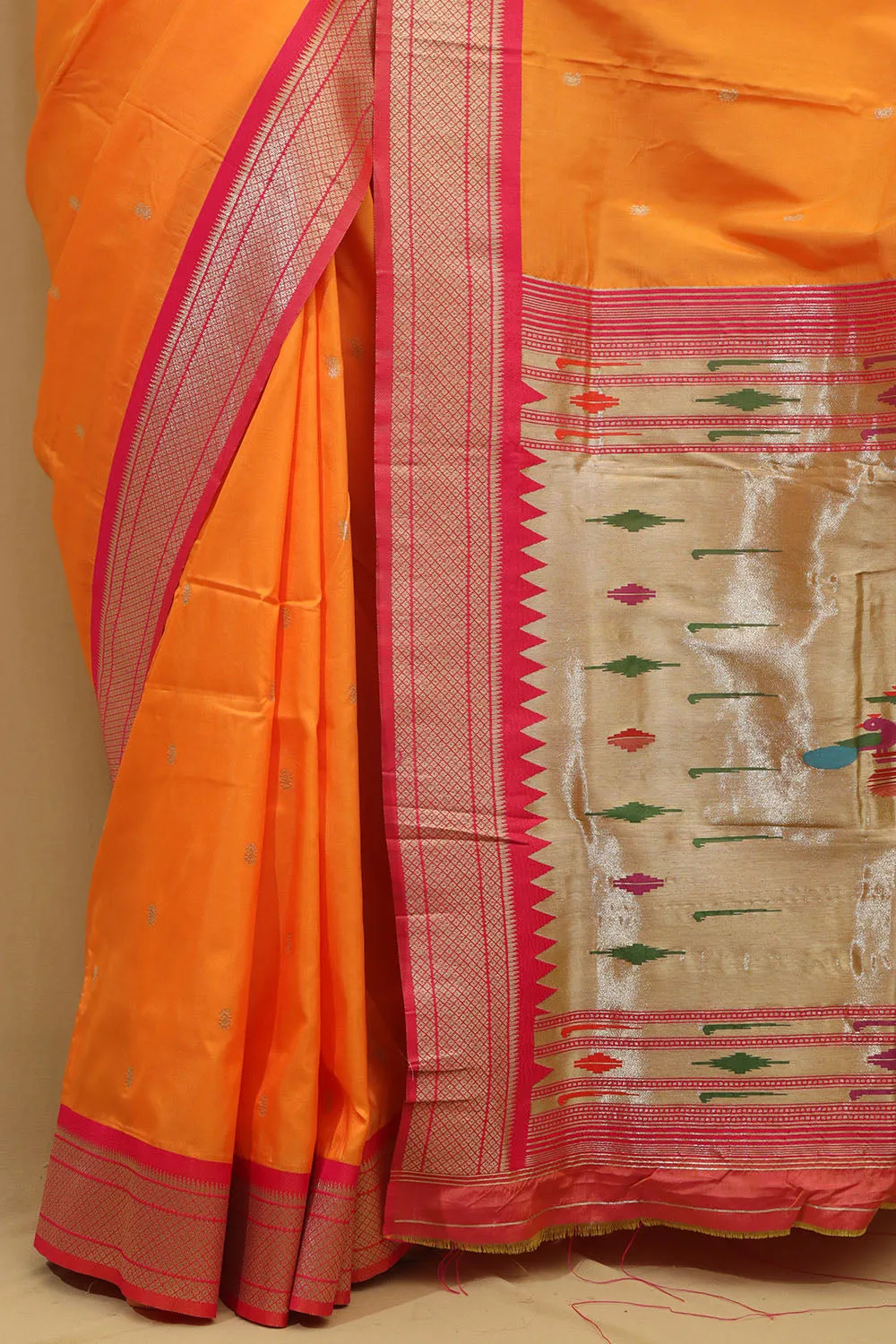 Orange Paithani Silk Peacock Design Saree - Stunning Elegance