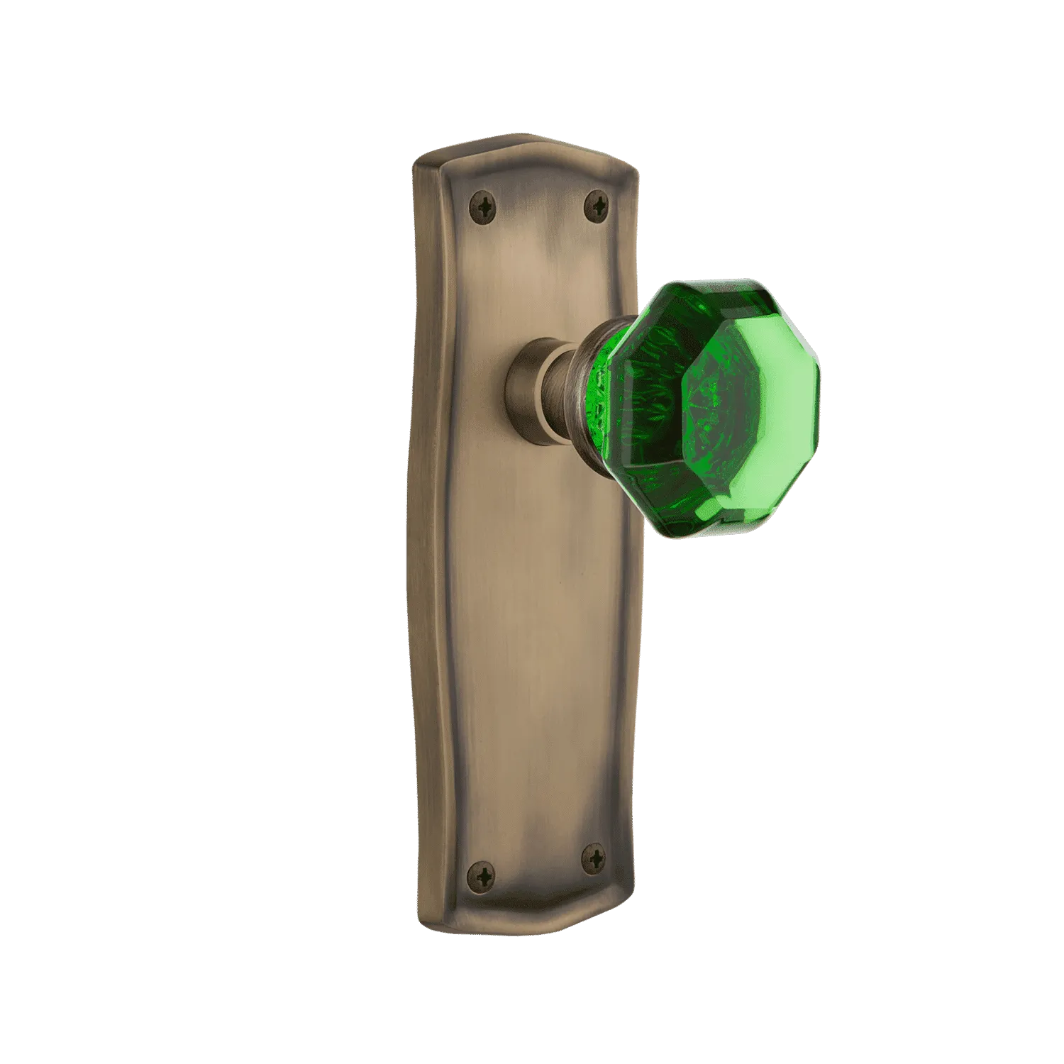 Prairie Long Plate with Emerald Waldorf Knob in Antique Brass