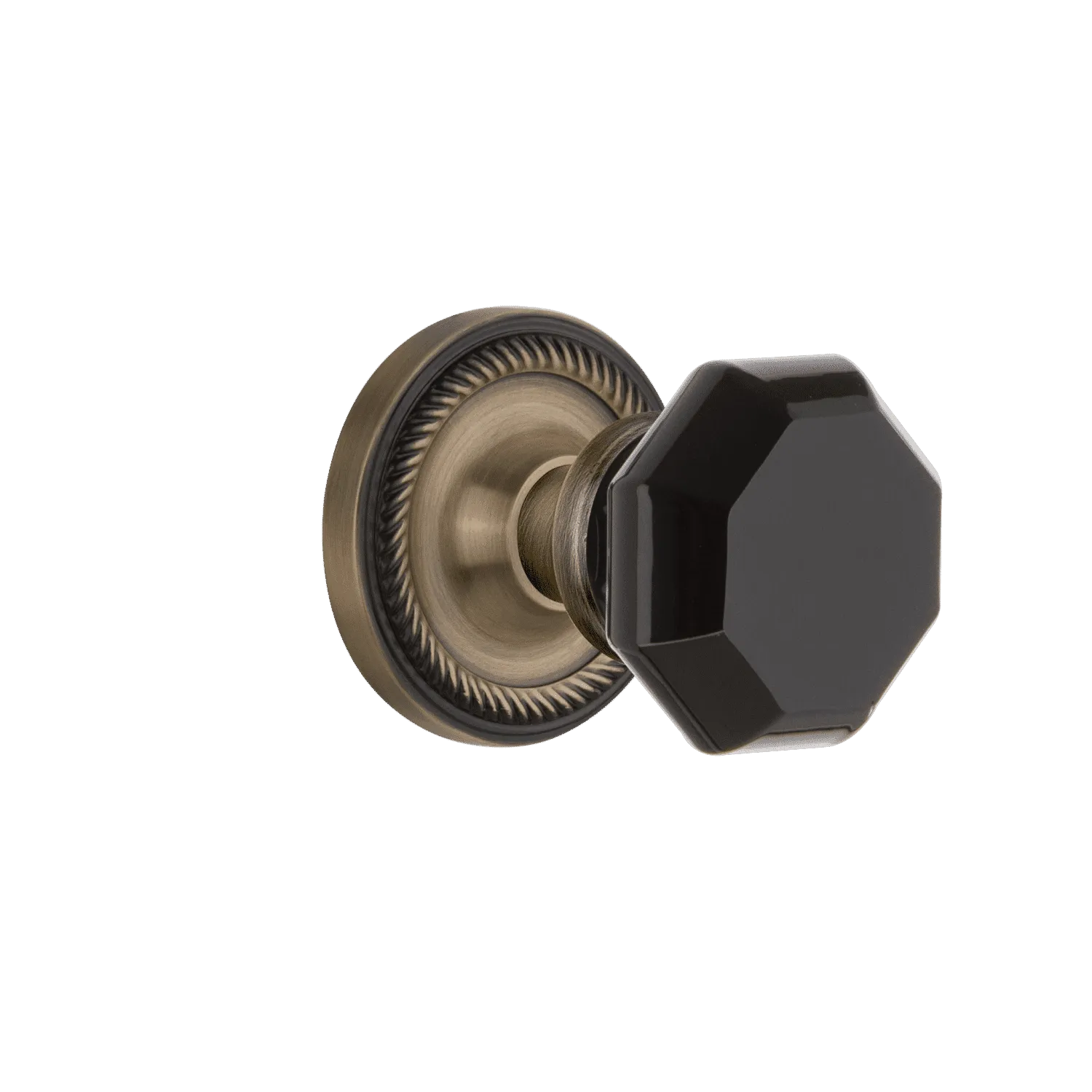 Rope Rosette with Black Waldorf Knob in Antique Brass