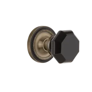 Rope Rosette with Black Waldorf Knob in Antique Brass