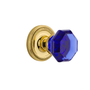 Rope Rosette with Cobalt Waldorf Knob in Unlacquered Brass