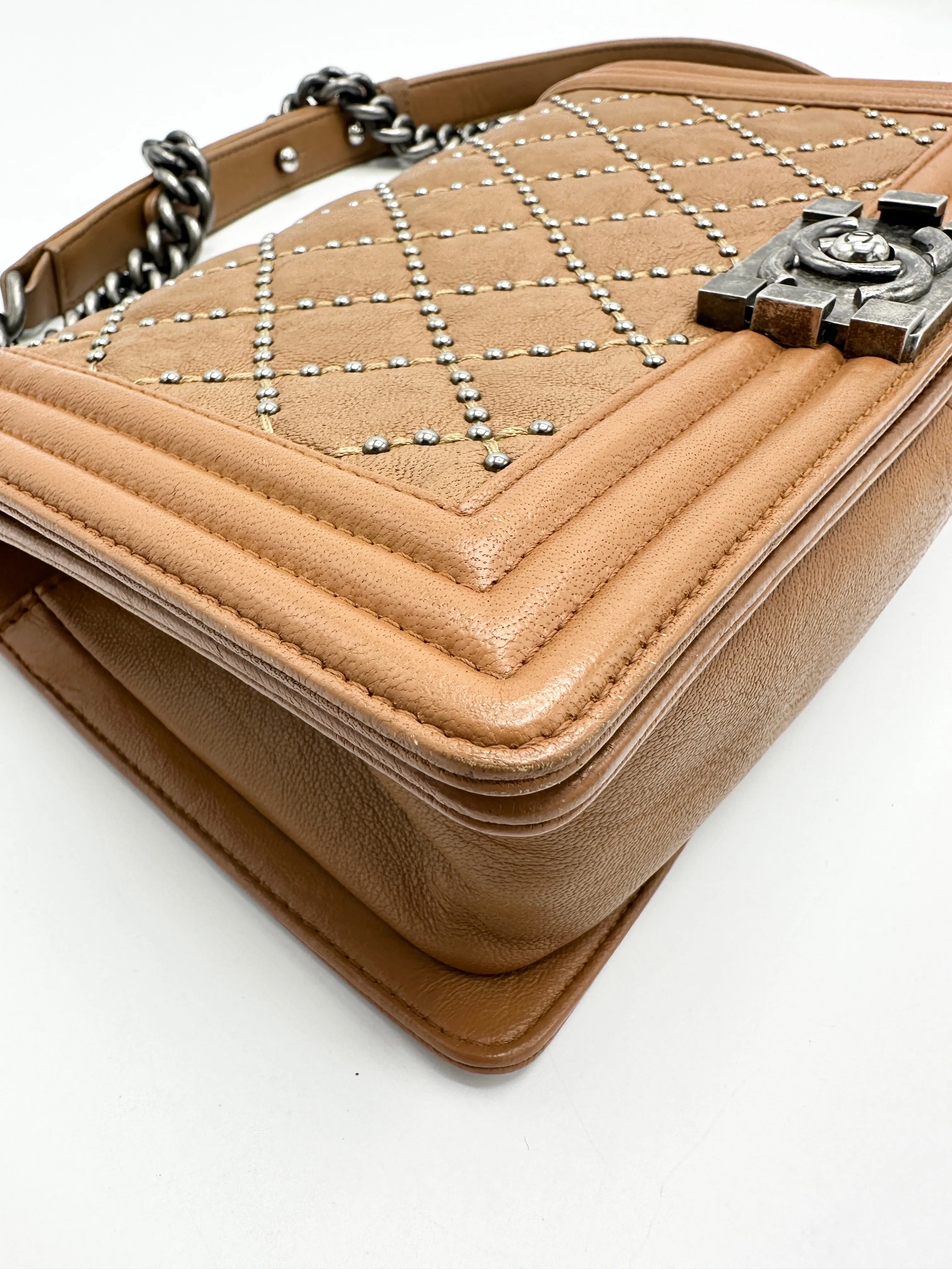 Saddle Brown Quilted Stud Medium Boy Bag