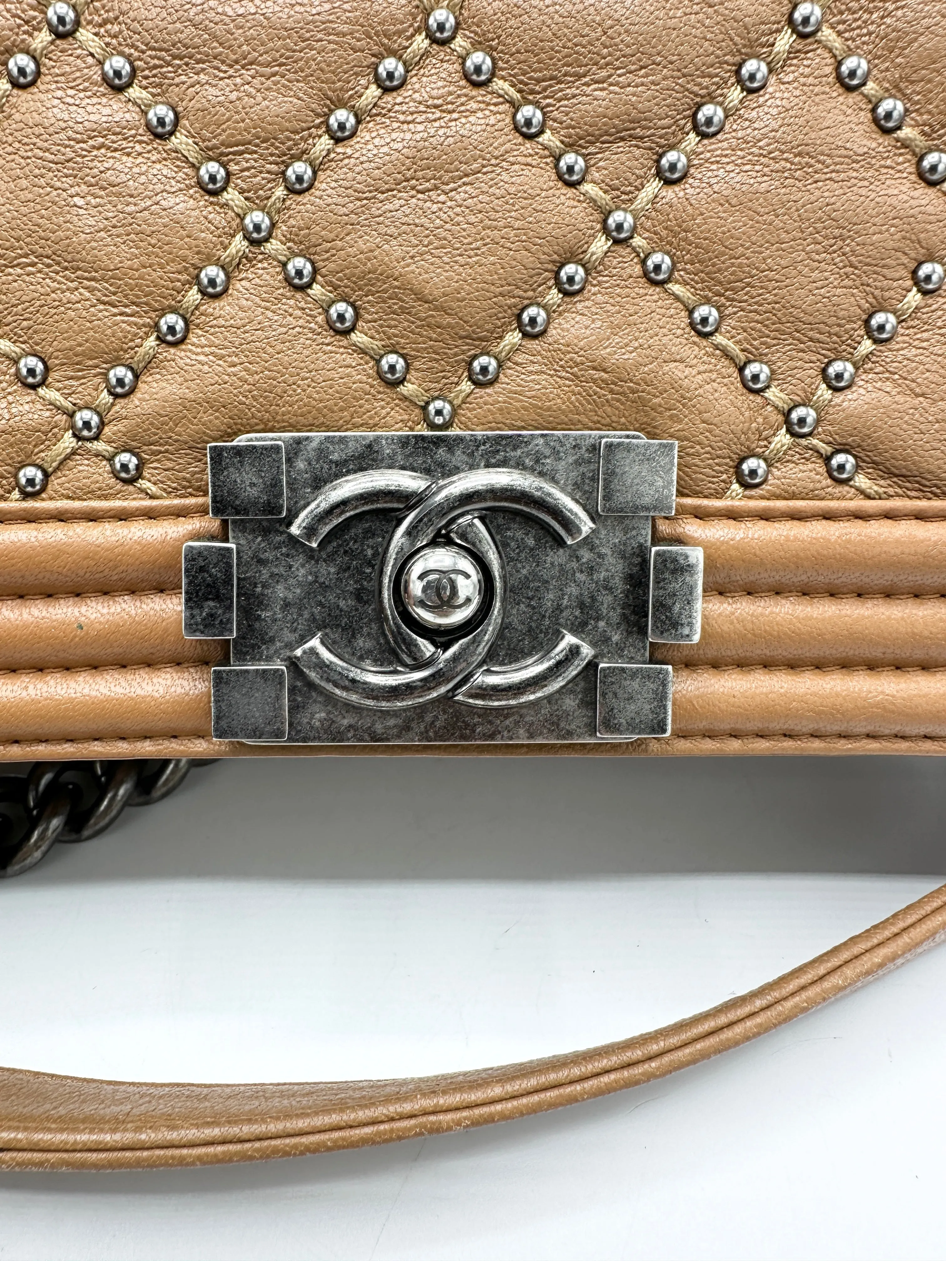 Saddle Brown Quilted Stud Medium Boy Bag