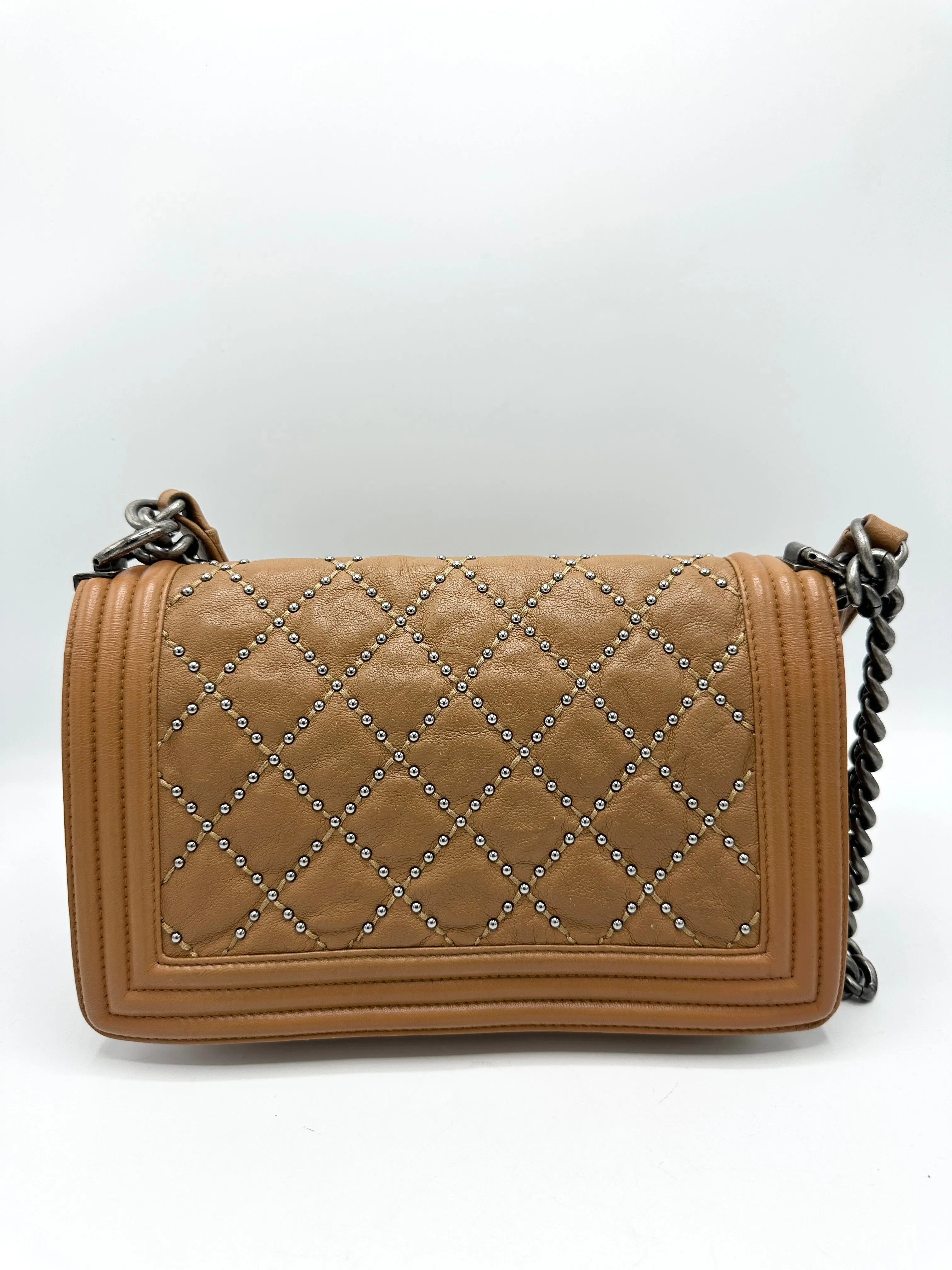 Saddle Brown Quilted Stud Medium Boy Bag