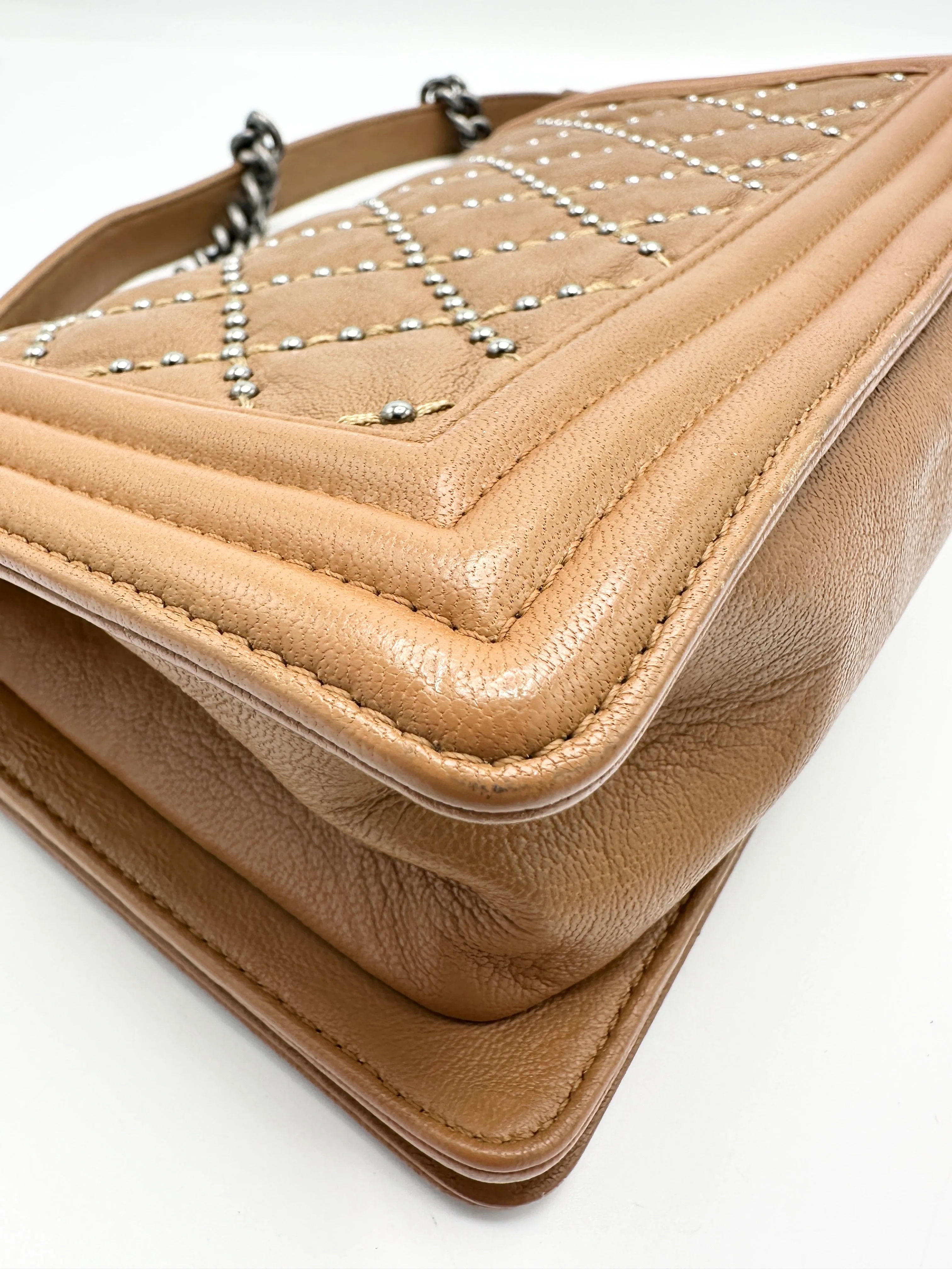 Saddle Brown Quilted Stud Medium Boy Bag