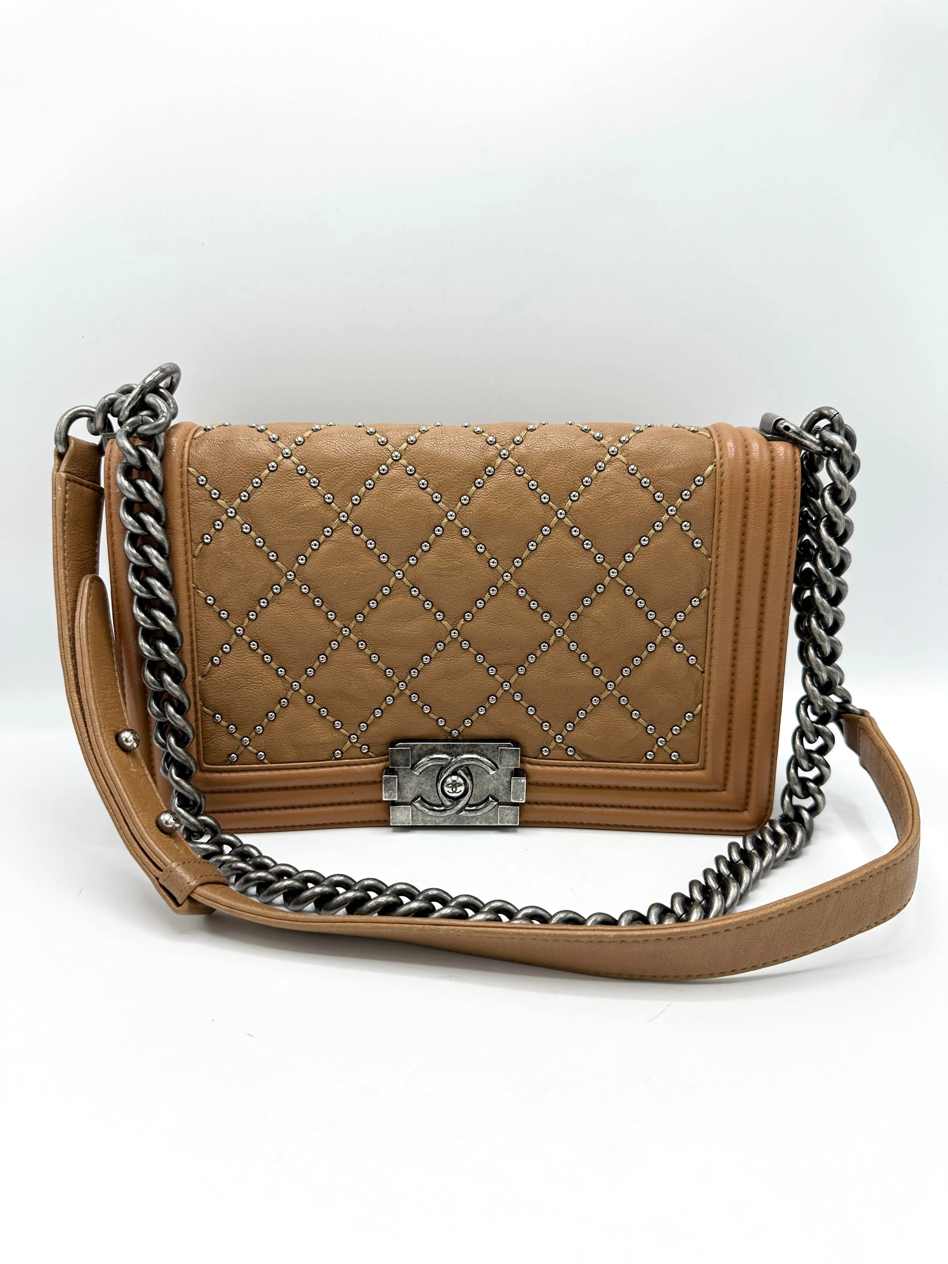 Saddle Brown Quilted Stud Medium Boy Bag
