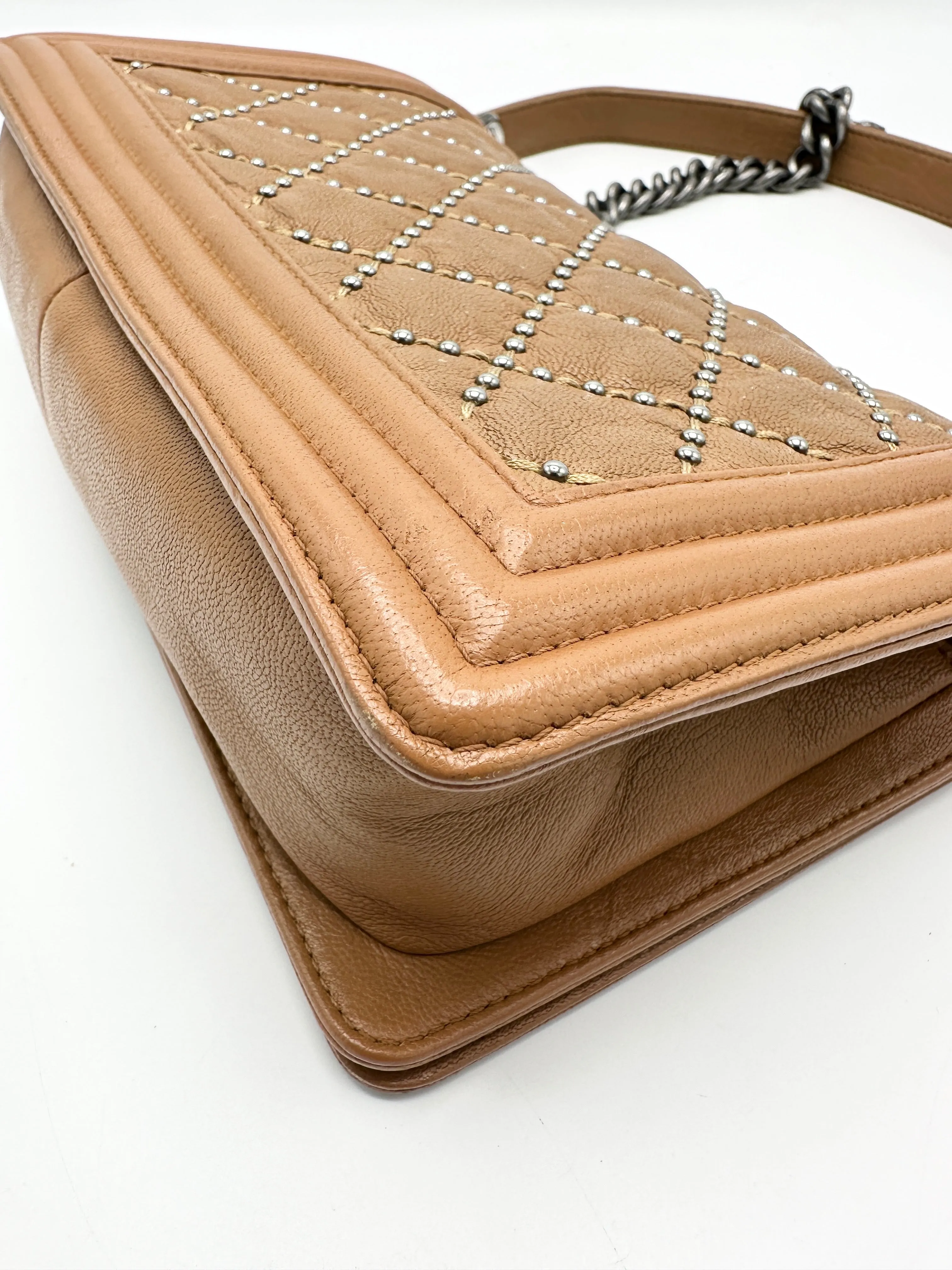 Saddle Brown Quilted Stud Medium Boy Bag
