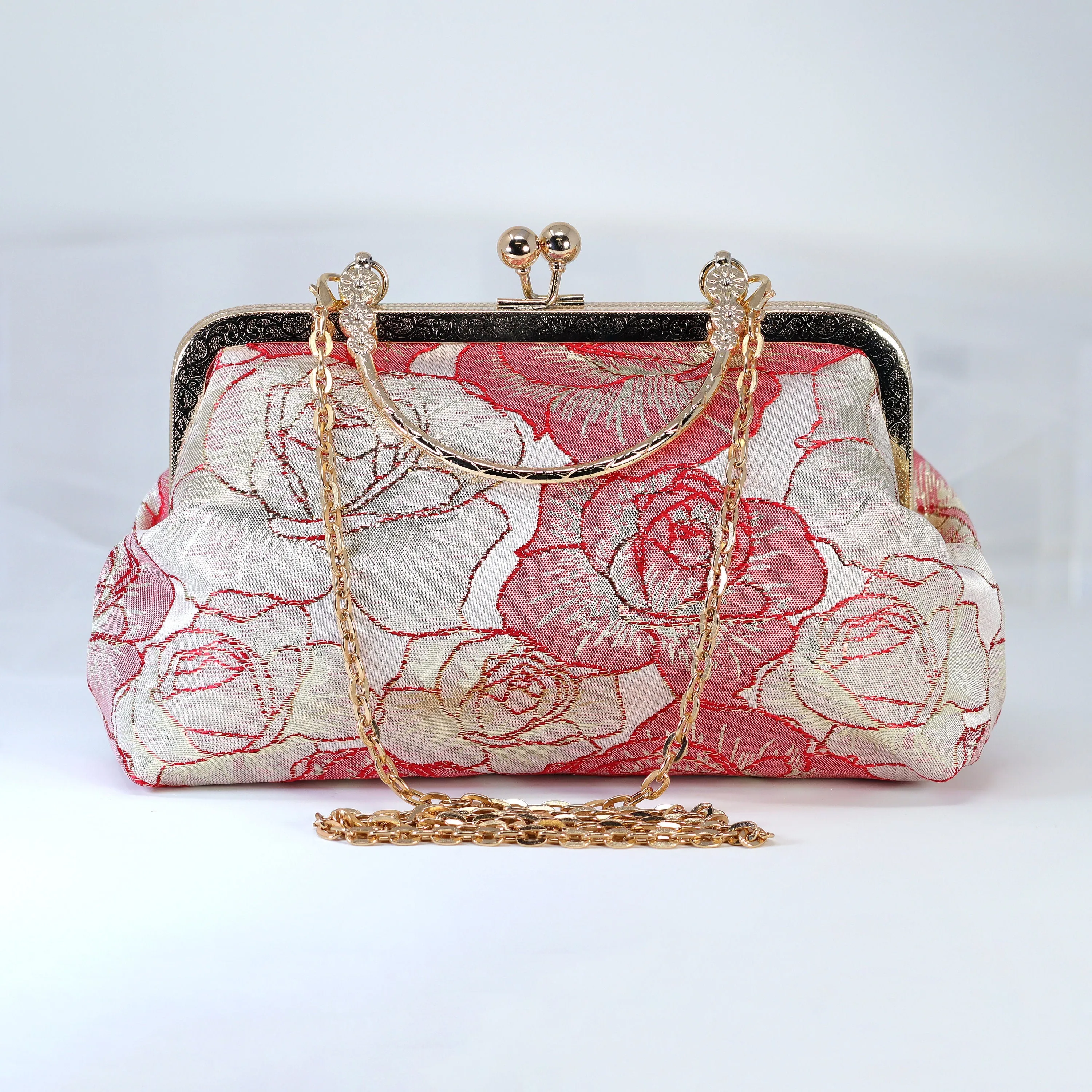 Shimmering Gold Red Rose Floral Wedding Bag, Statement Bag, Evening Clutch, Wedding Clutch, Bridal Clutch, White Cross Body Bag