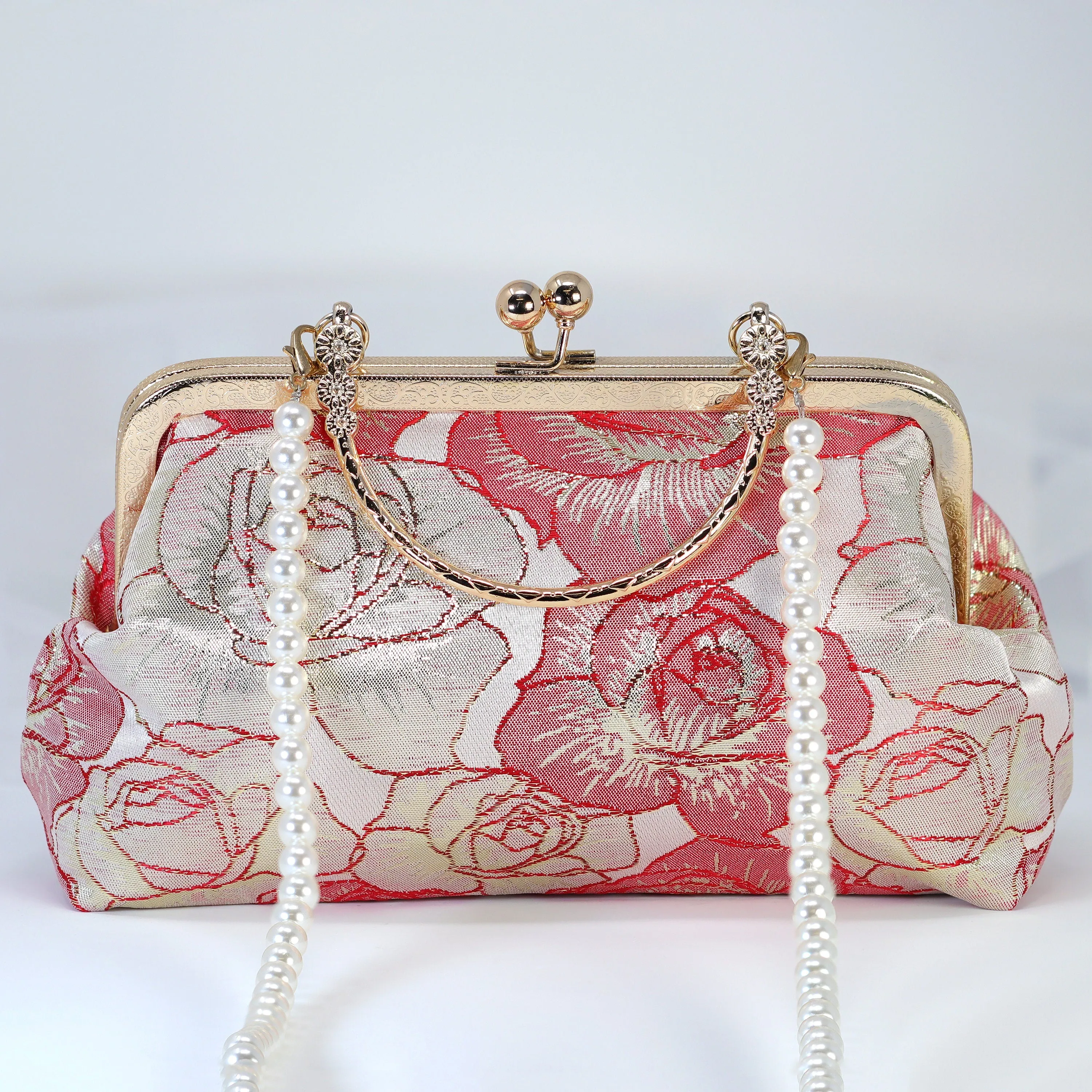 Shimmering Gold Red Rose Floral Wedding Bag, Statement Bag, Evening Clutch, Wedding Clutch, Bridal Clutch, White Cross Body Bag