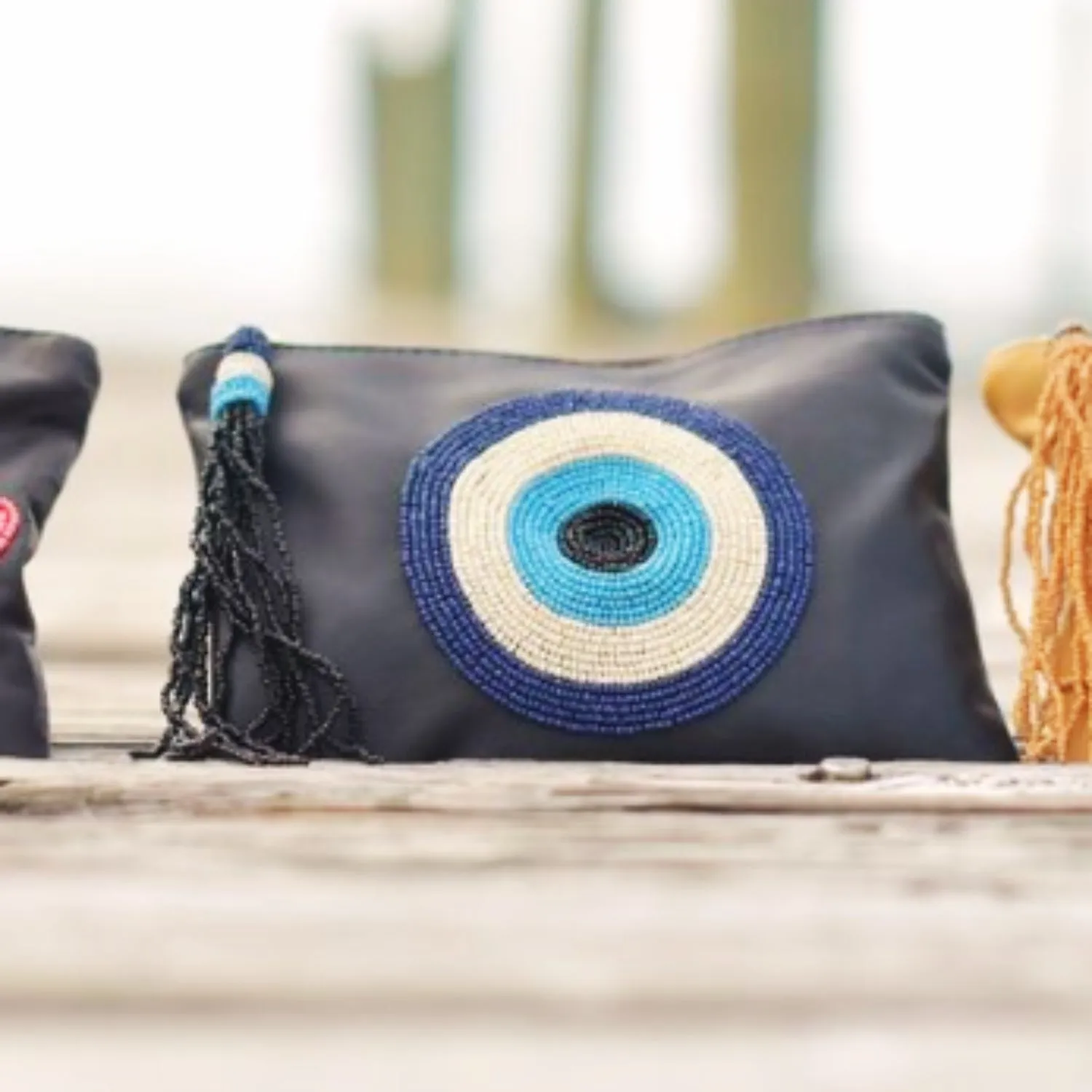 Sidney Byron Leather Mini Clutch With "Evil Eye" Beading in Black