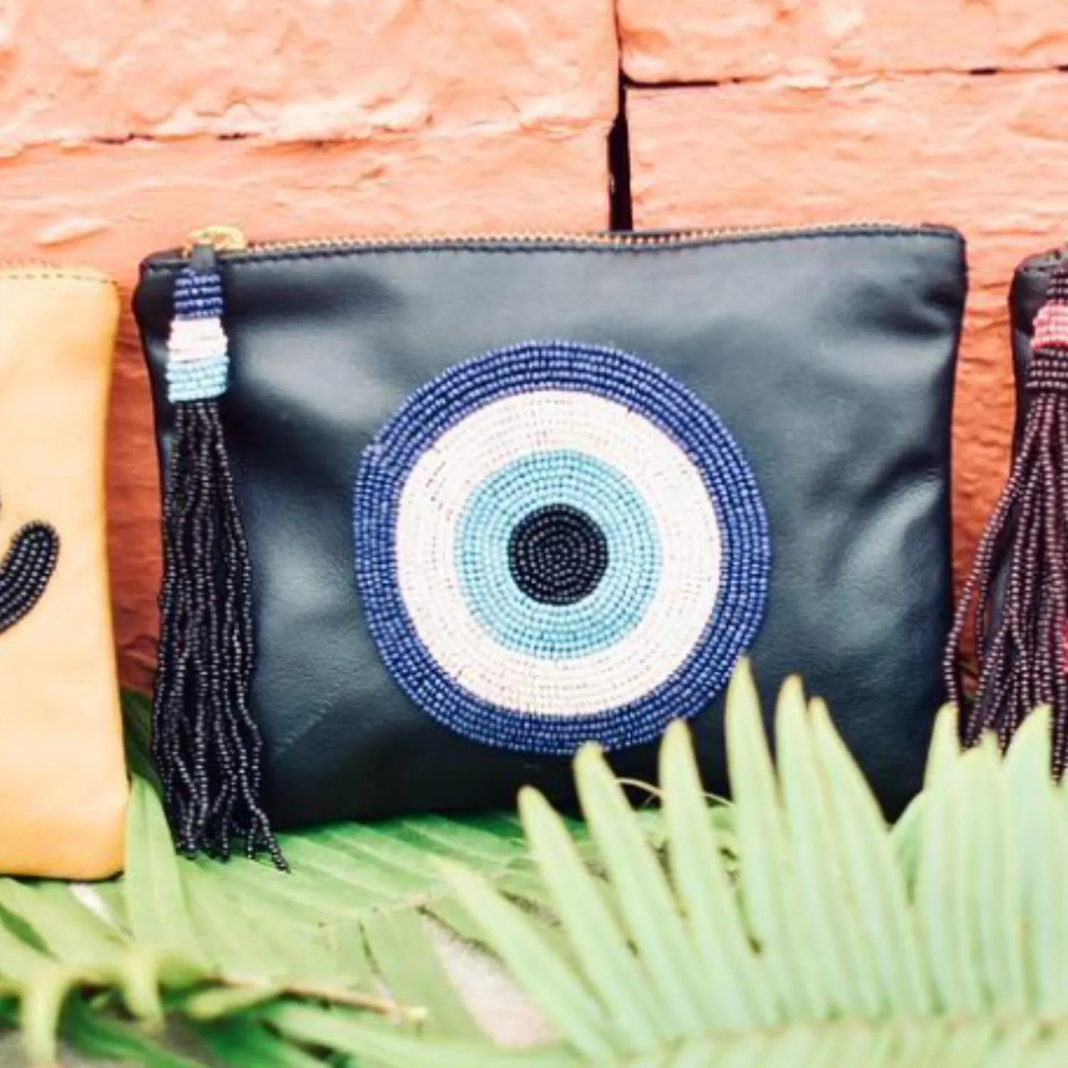 Sidney Byron Leather Mini Clutch With "Evil Eye" Beading in Black