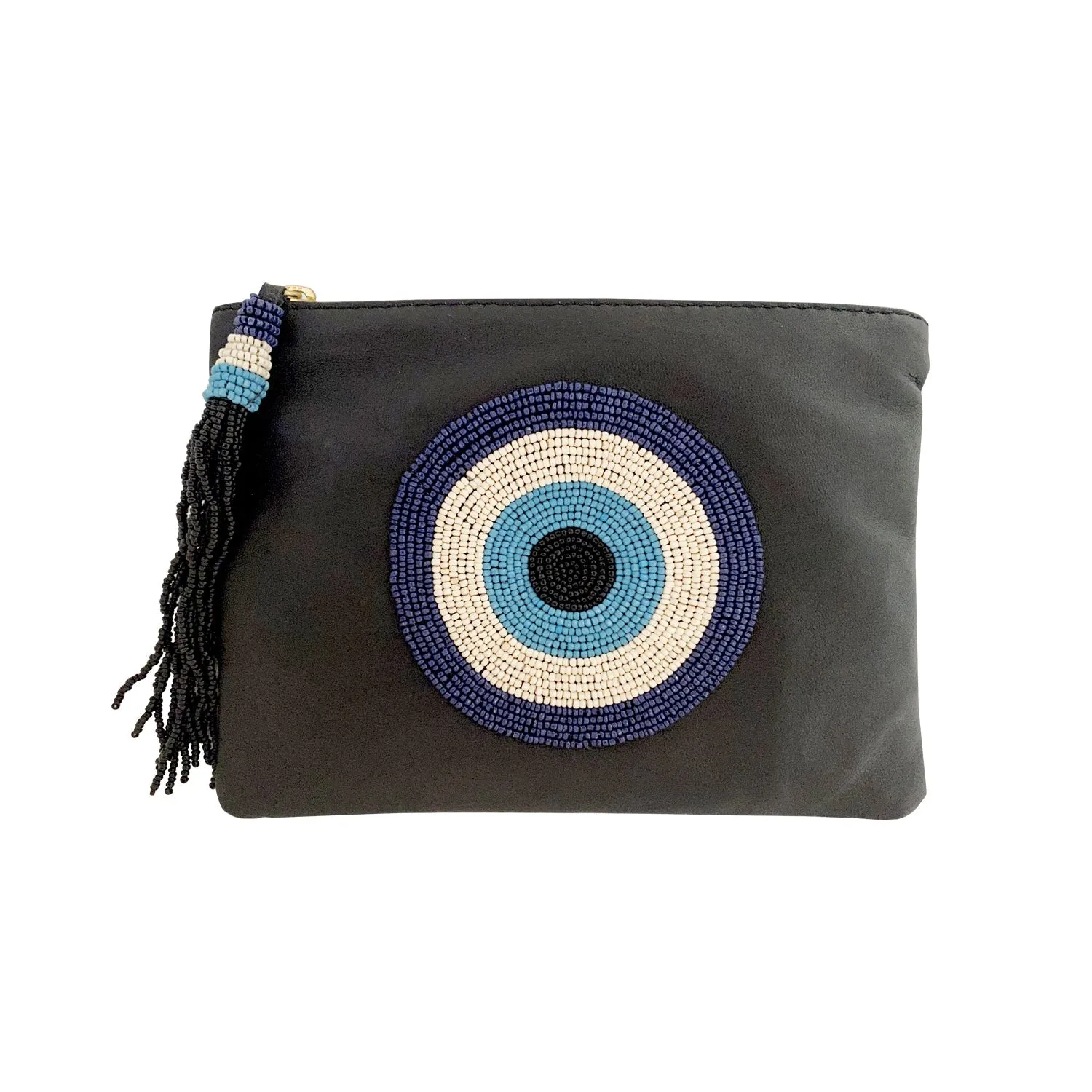 Sidney Byron Leather Mini Clutch With "Evil Eye" Beading in Black